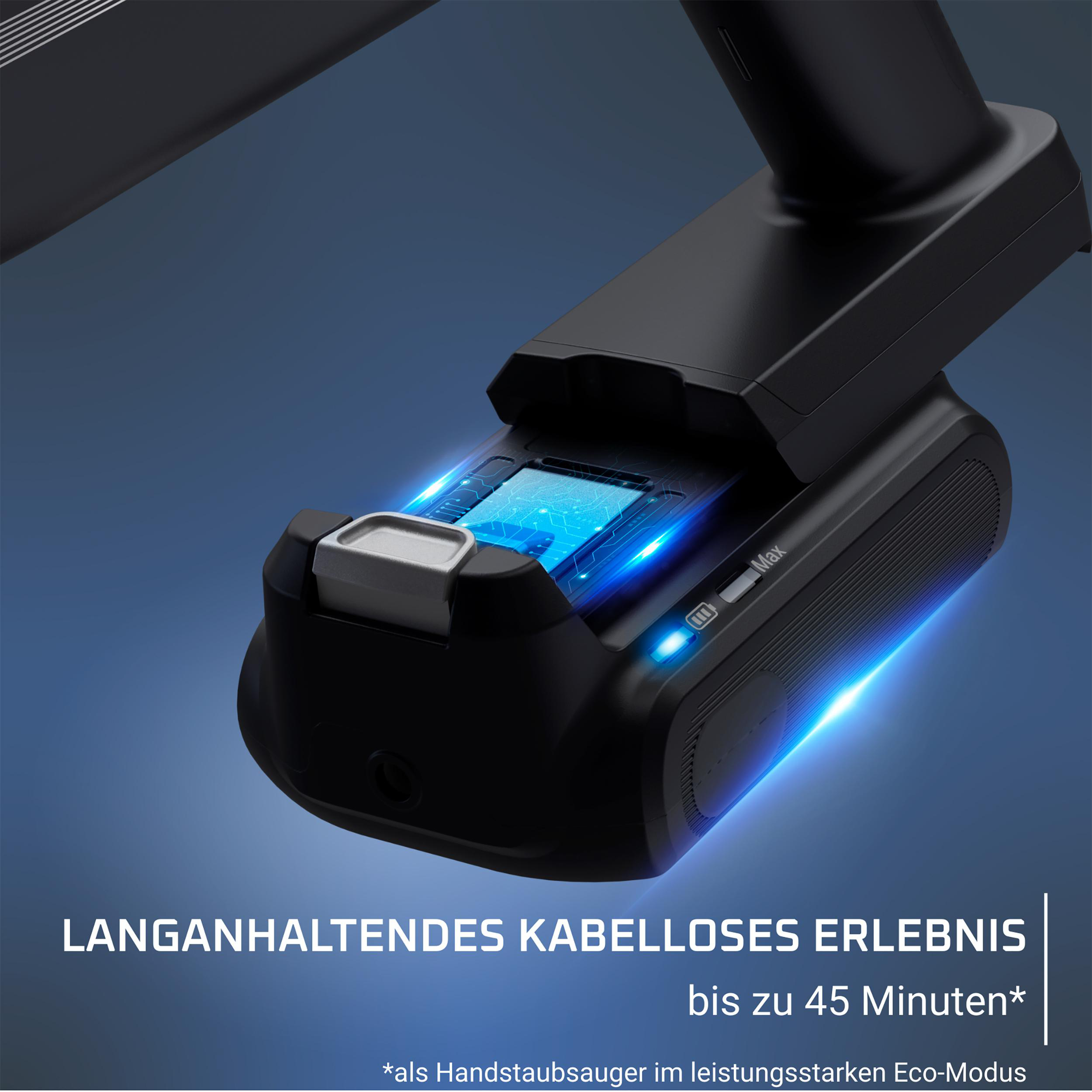 Nahaufnahme einer schwarzen Staubsaugerkomponente mit blau beleuchteter Batterie und Text.