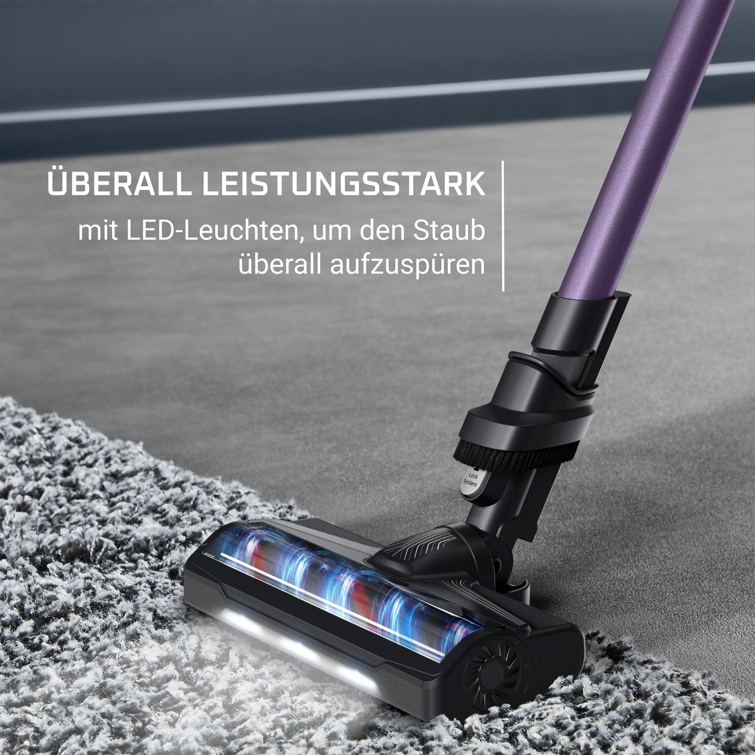 Nahaufnahme eines Staubsaugerkopfes, mit LED-Leuchten, die den Teppich beleuchten.