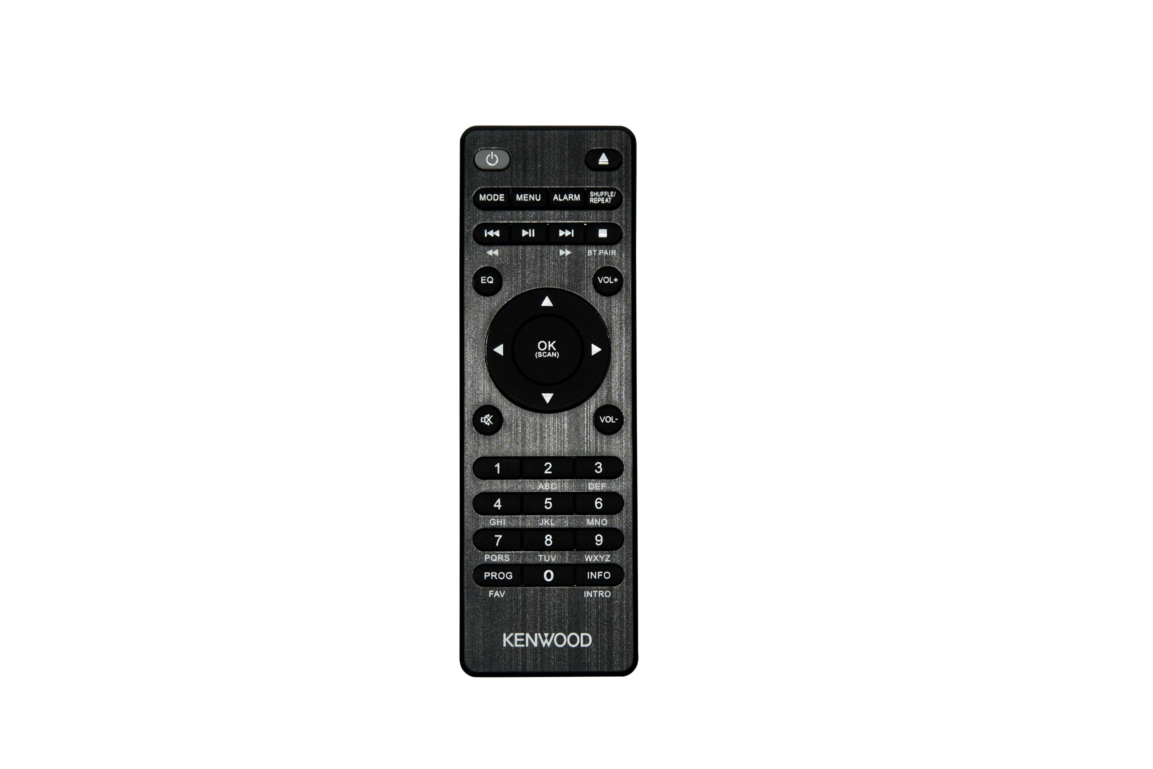 Eine schwarze Kenwood-Fernbedienung mit Tasten für verschiedene Funktionen.