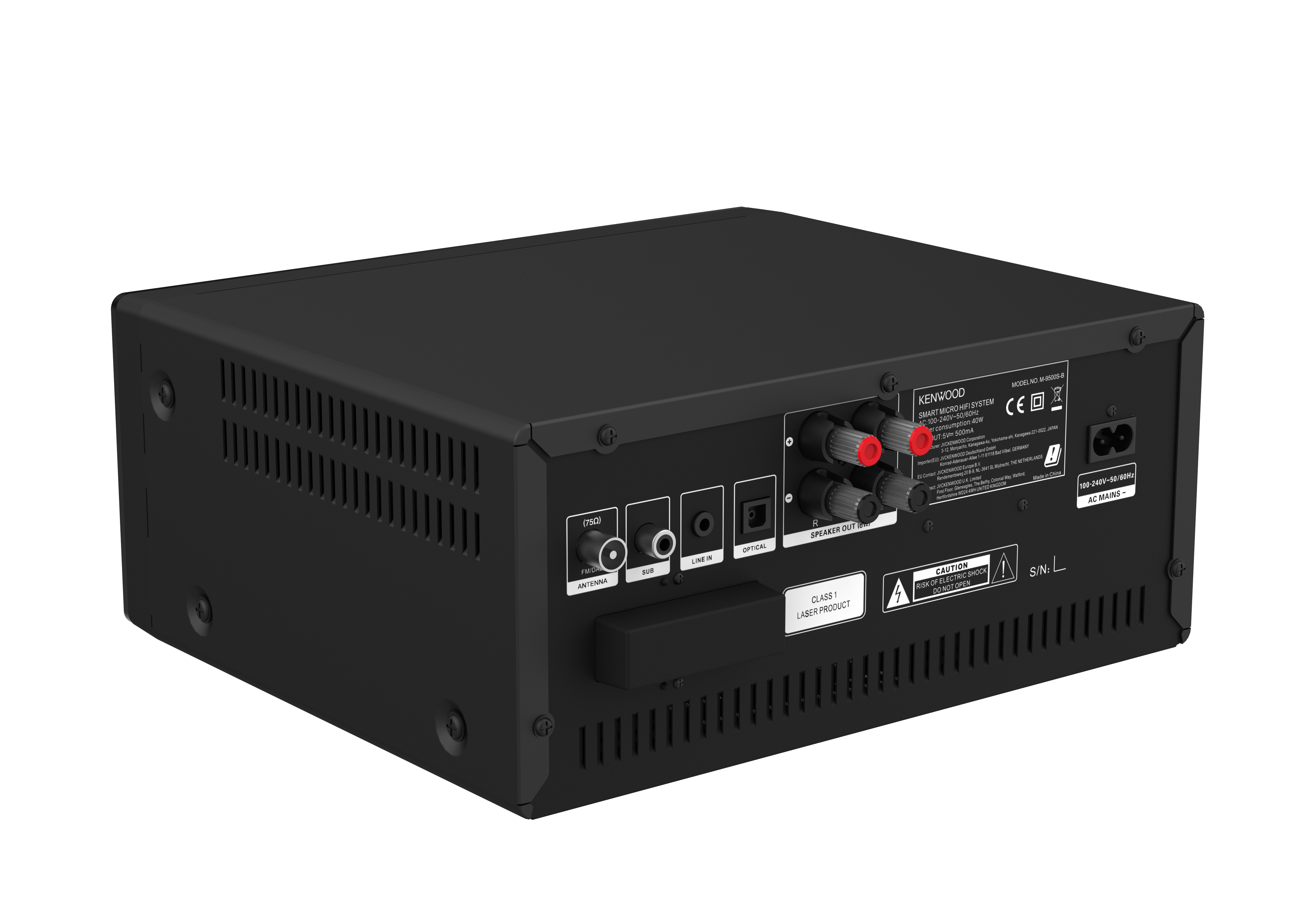 Rückseite eines schwarzen Kenwood-Receivers mit Anschlüssen und Beschriftungen. Eingänge und Ausgänge.