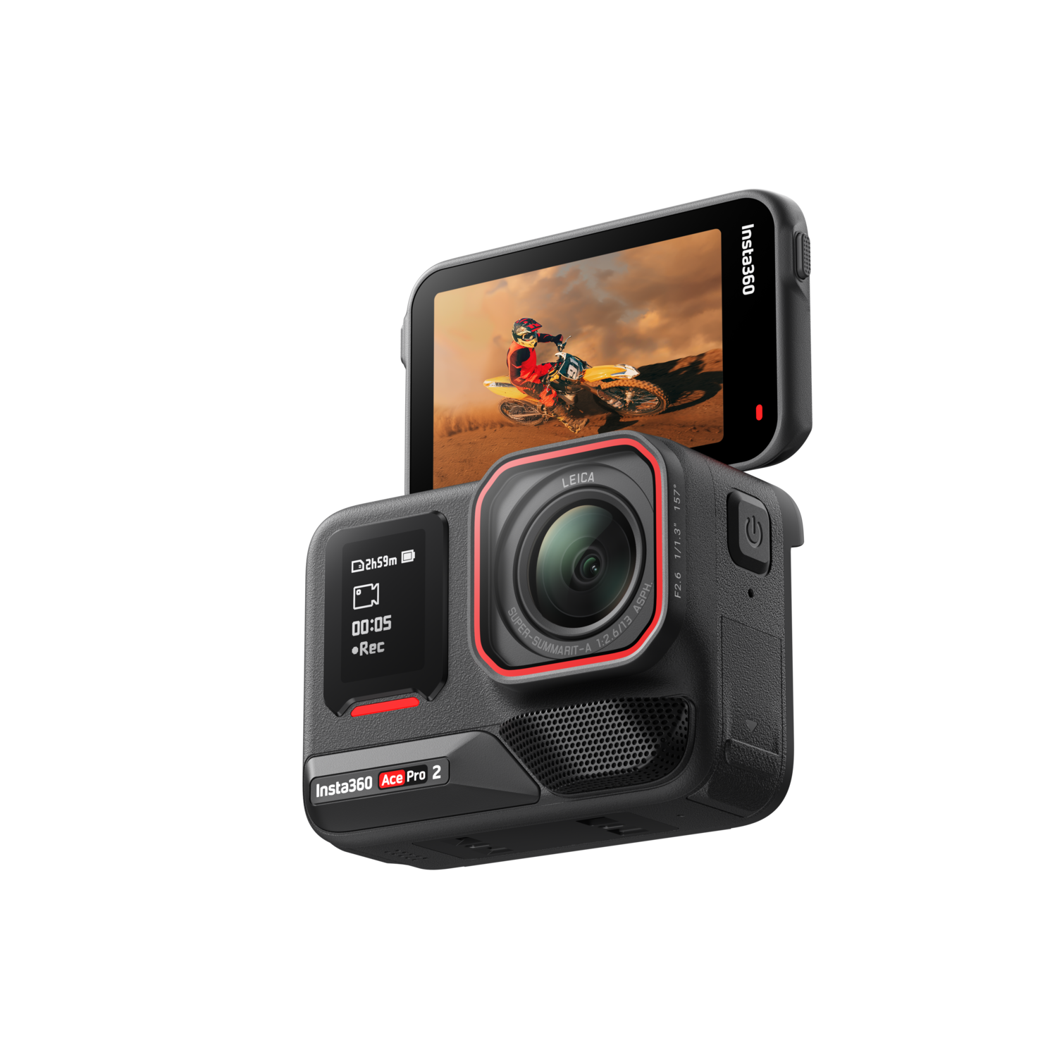 Insta360 Ace Pro 2 camera, zwart en rood, met een scherm dat een motorcrossrace laat zien. Zwarte achtergrond.