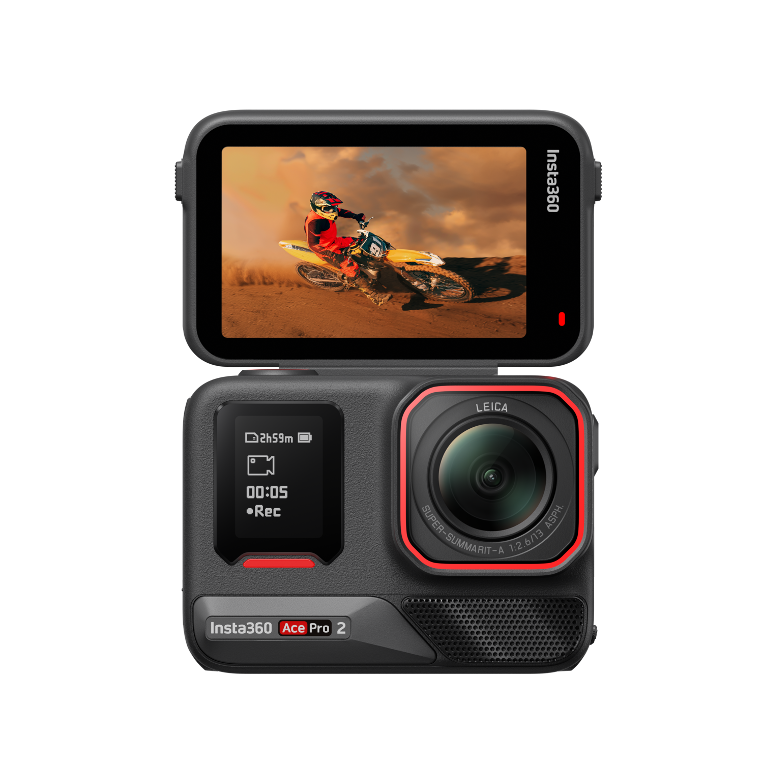 Actiecamera die een motorcrosser in actie toont, met een tweede scherm met opnamedetails.