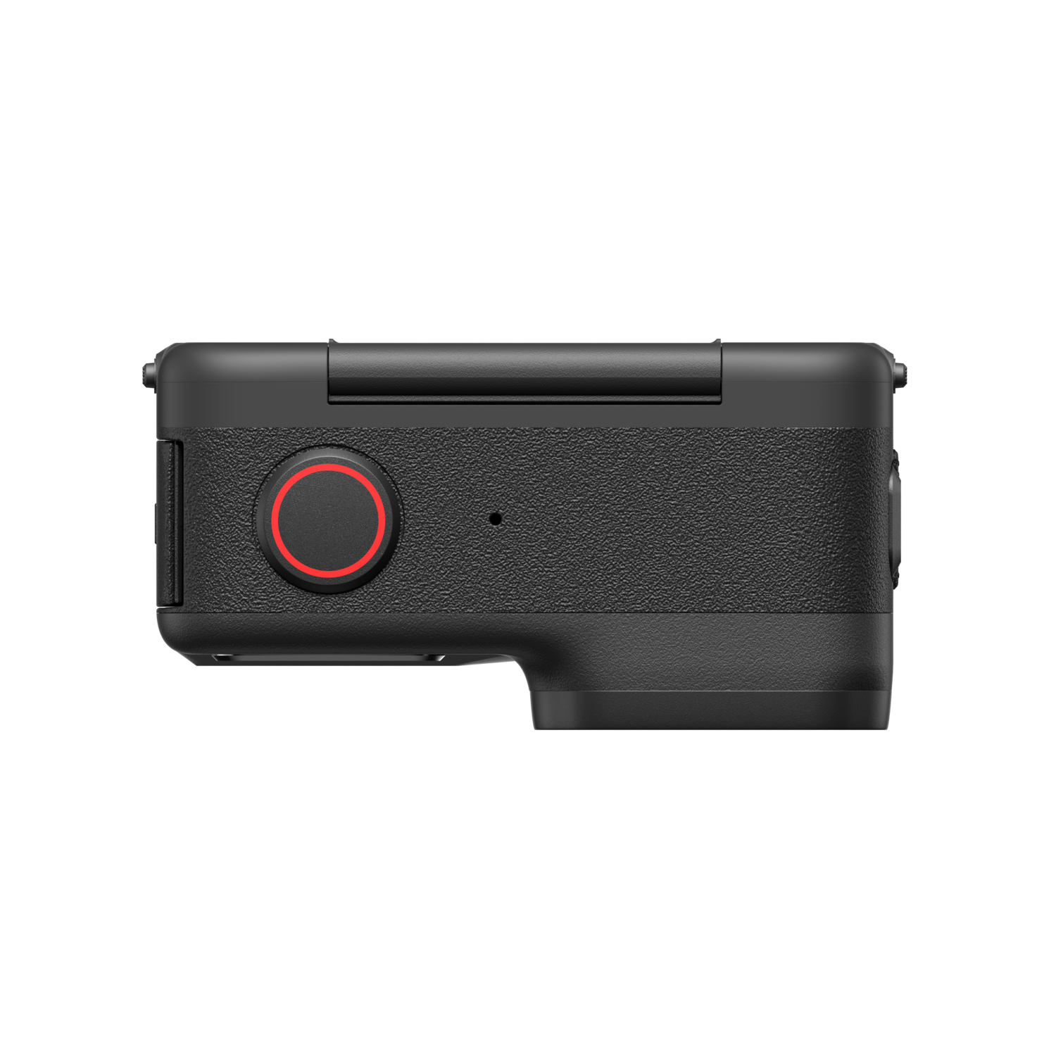 Zwarte actiecamera met rode knop en lens. Van bovenaf gezien.