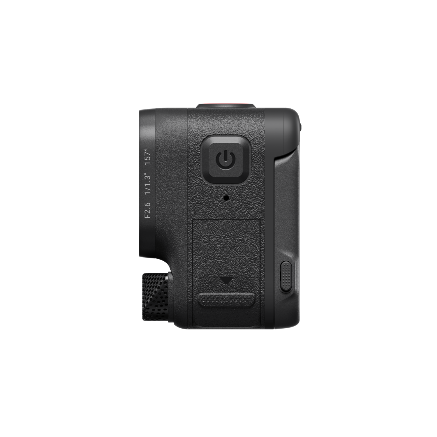 Zijaanzicht van een zwarte camera met aan/uit-knop en lensdetails, op een zwarte achtergrond.