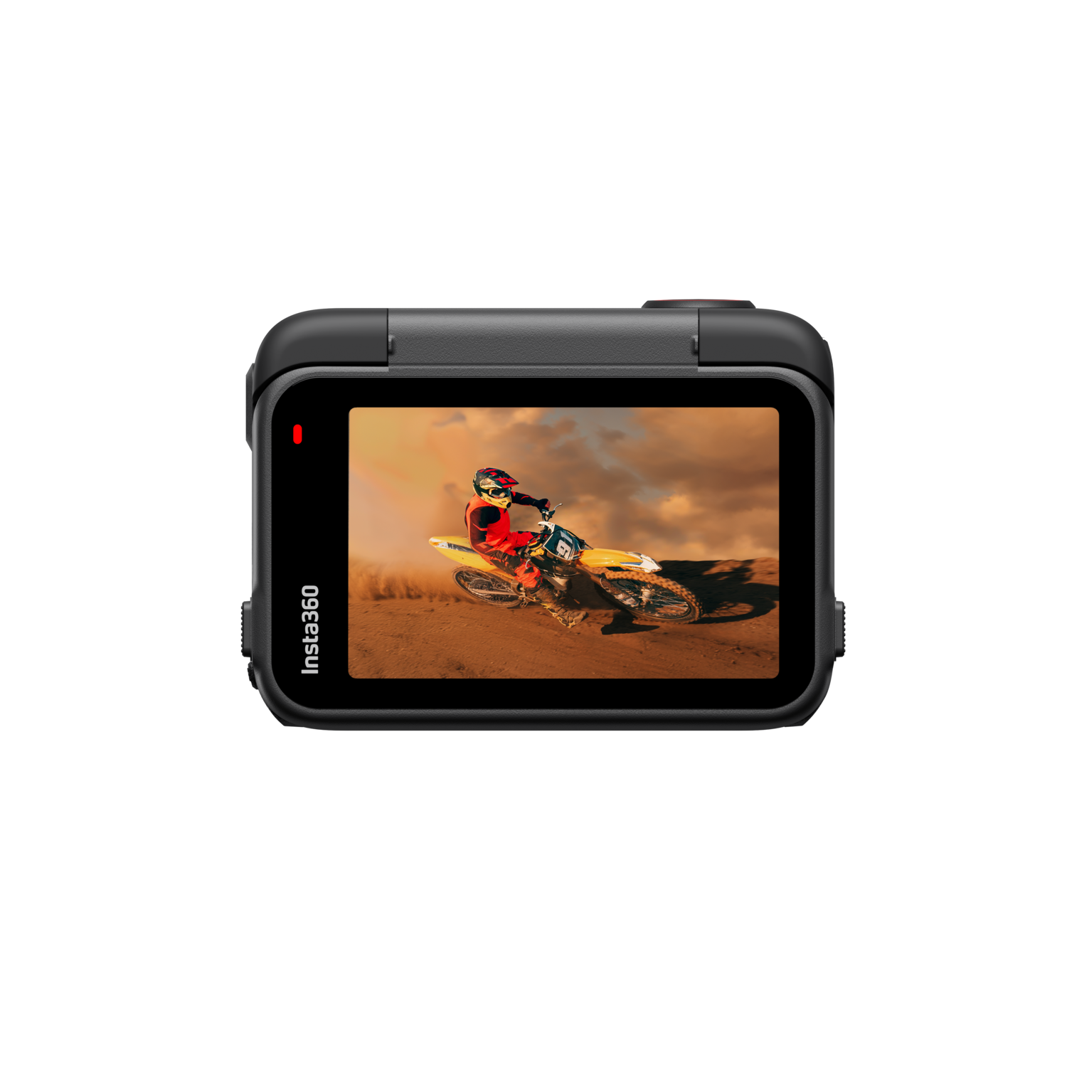 Zwarte actiecamera met een scherm waarop een motorcrosser op een stoffige baan te zien is.