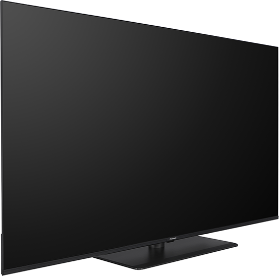 Nagy fekete TV állvánnyal. Elegáns, modern design. Fekete talp és képernyő.