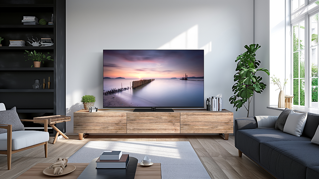 Nappali nagy TV-vel a fa szekrényen, kanapéval és ablakkal.
