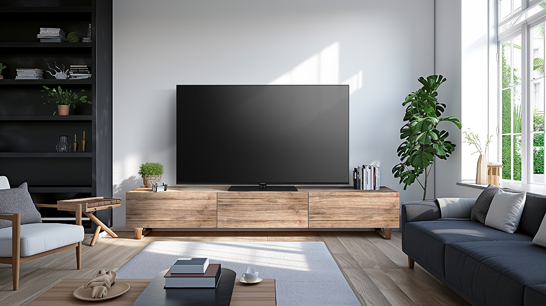 Modern nappali nagy TV-vel a fa állványon. Fehér falak, szürke kanapé, növények.