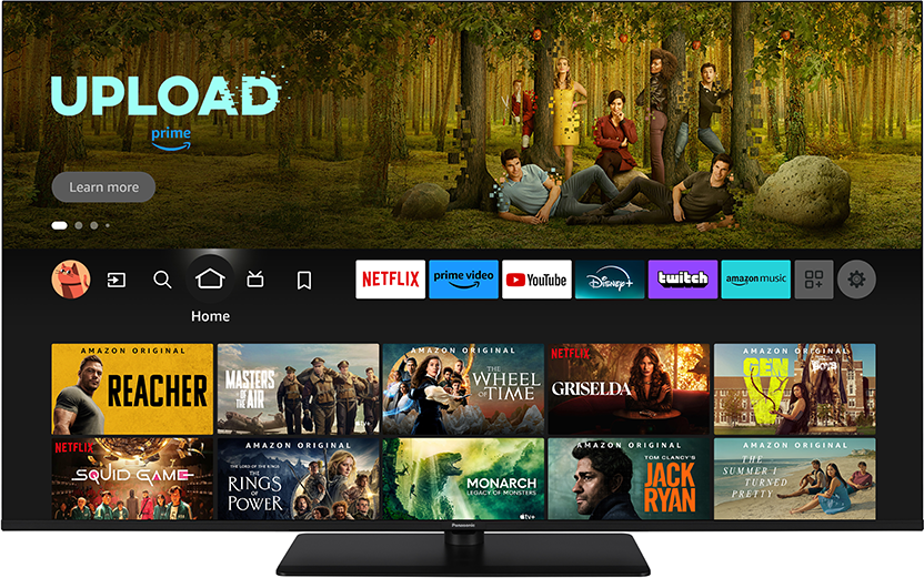 TV képernyő streaming szolgáltatási opciókkal, erdei háttérrel.