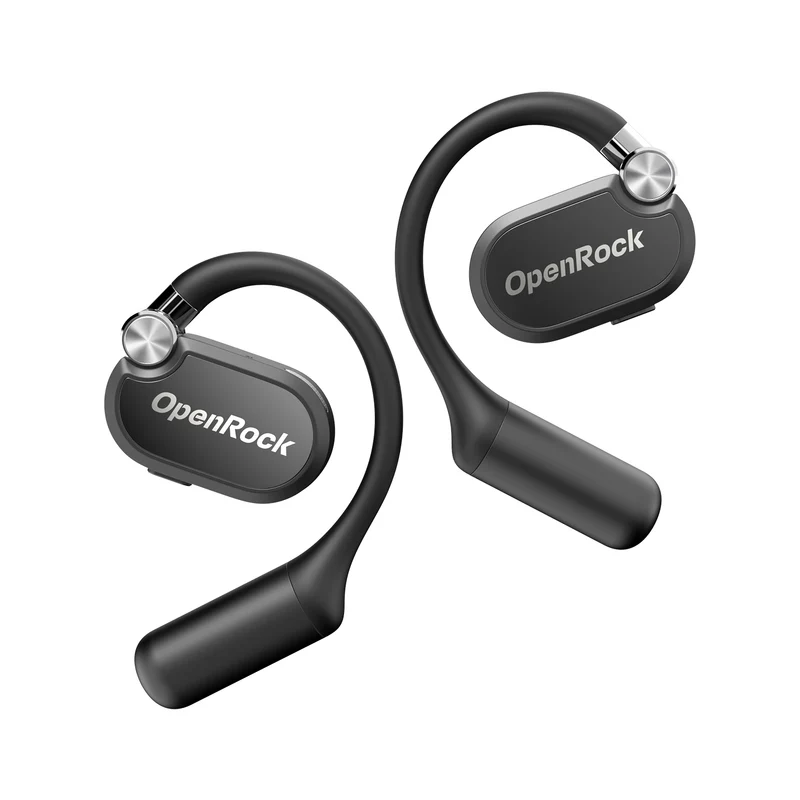 Schwarze OpenRock-Kopfhörer mit Ohrbügeln, Logo an der Seite, weißer Hintergrund.