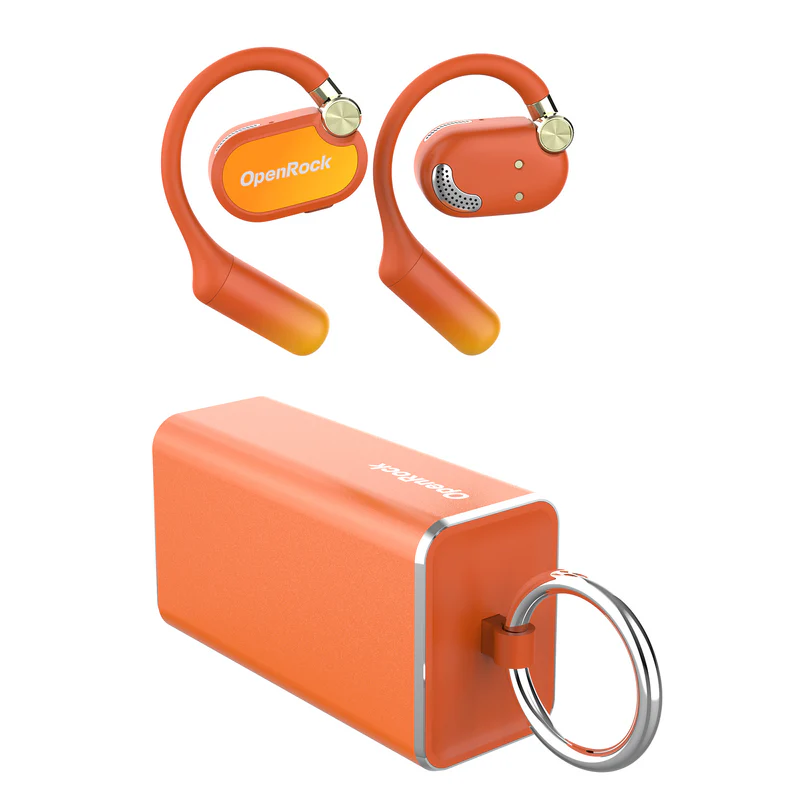 OpenRock orange kabellose Ohrhörer und Ladecase, Draufsicht, weißer Hintergrund.