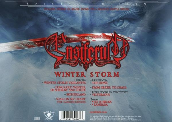 Albumcover für Ensiferums Winter Storm. Enthält Bandlogo, Titelliste und Bild eines Kriegers.