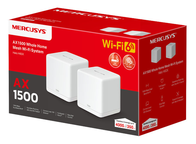 Czerwone pudełko na system Wi-Fi Mesh dla całego domu Mercusys AX1500 z dwoma białymi routerami.