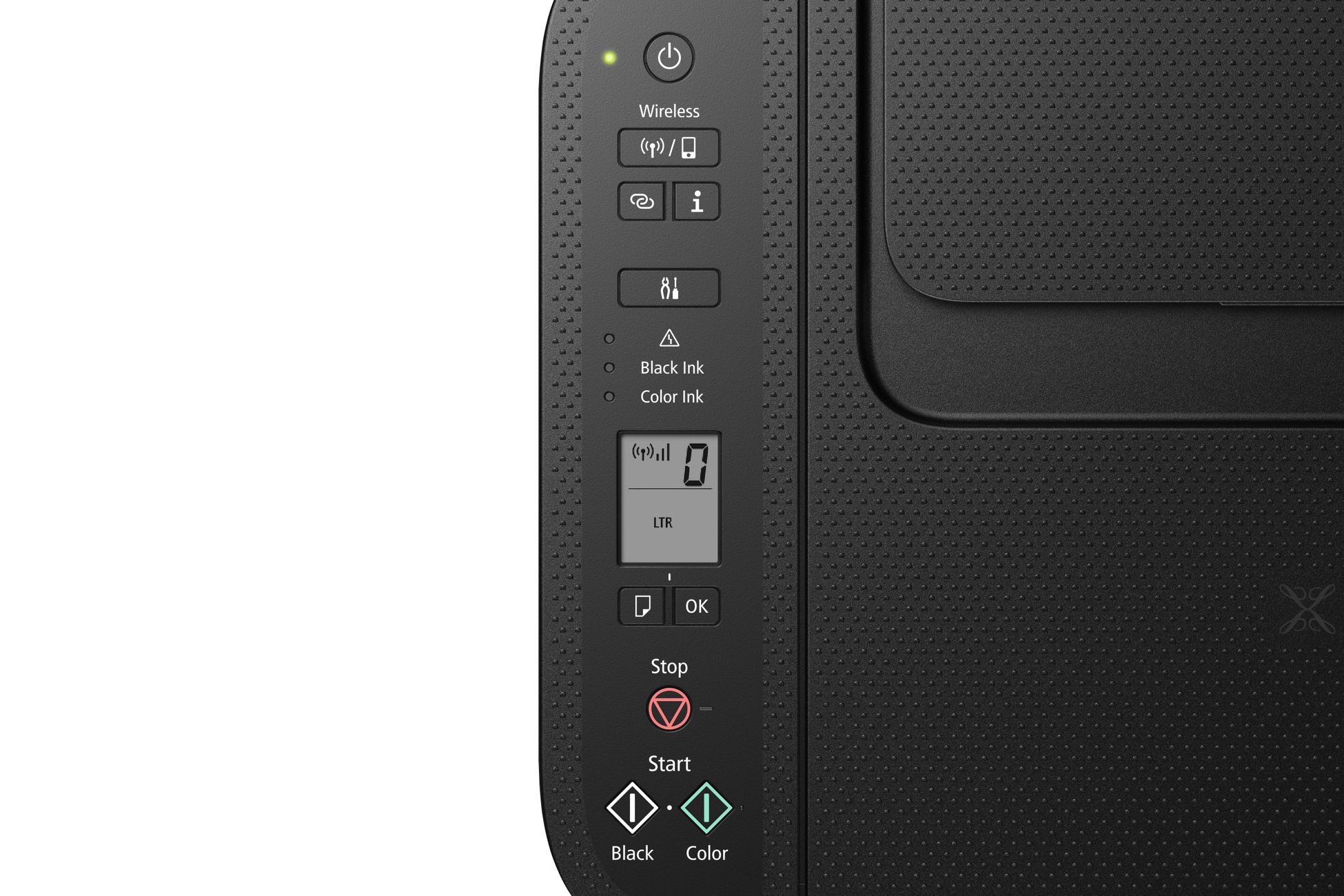 Nahaufnahme des Bedienfelds eines schwarzen Druckers, zeigt Wireless- und Tintenstatus.