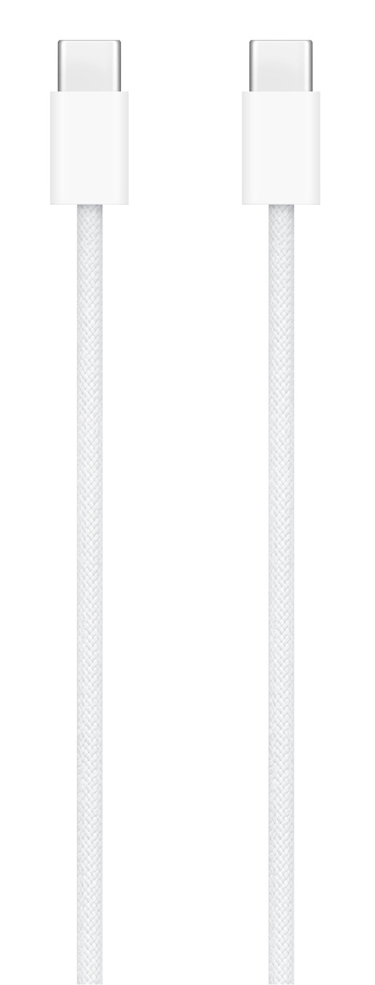 Dwa białe kable USB-C, obok siebie, z białymi złączami i plecionymi przewodami.
