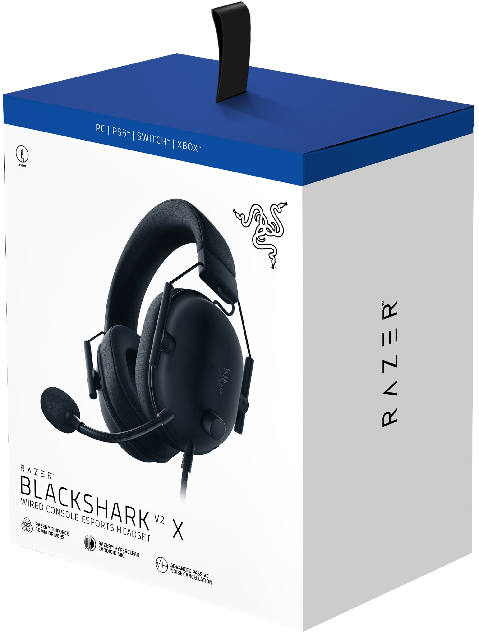 Czarne słuchawki gamingowe Razer w pudełku. Pudełko ma niebieską górę, białe boki i logo Razer.