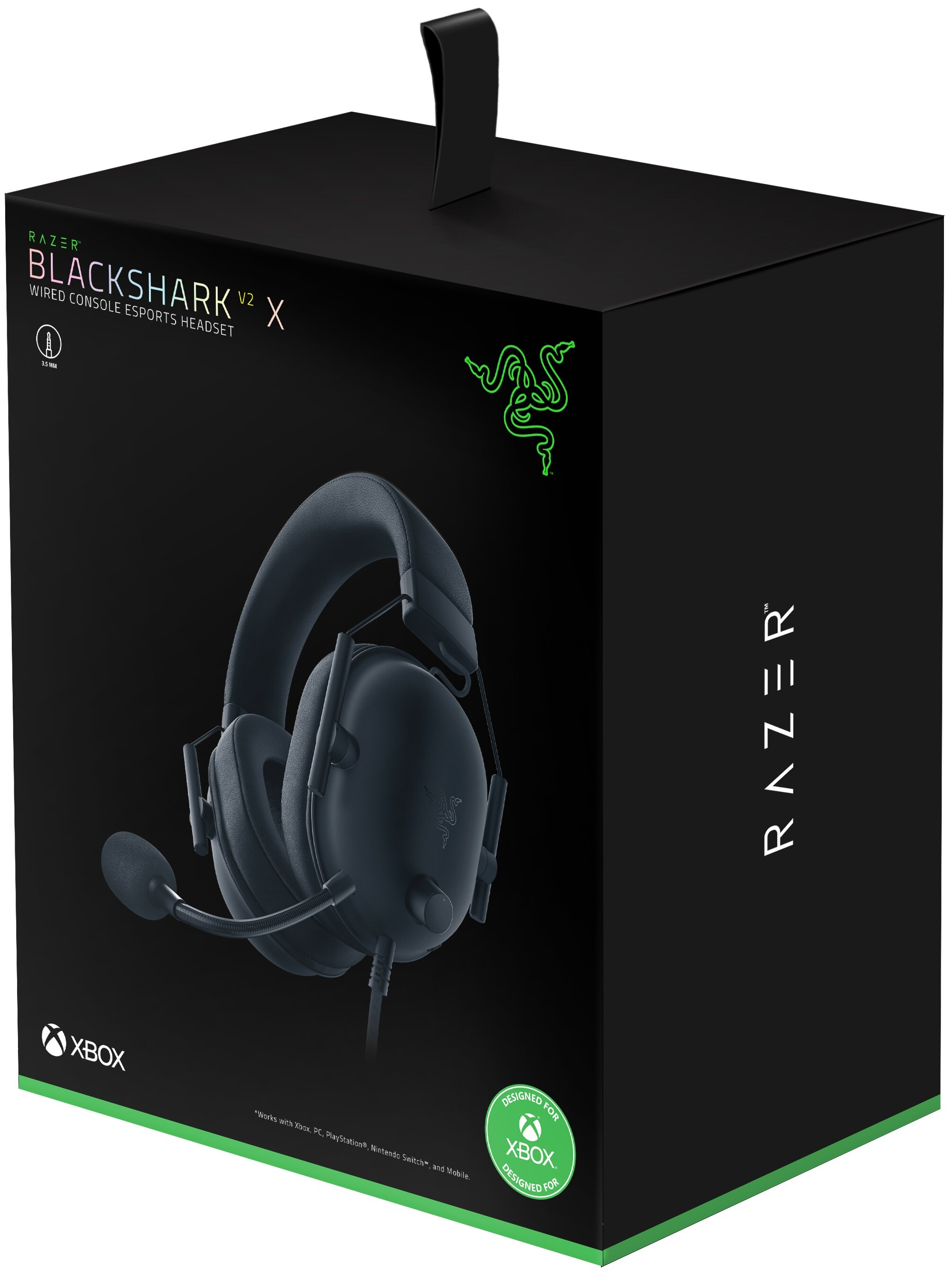 Czarne pudełko słuchawek Razer Blackshark V2 X z zielonym logo Razer i tekstem Designed for Xbox.