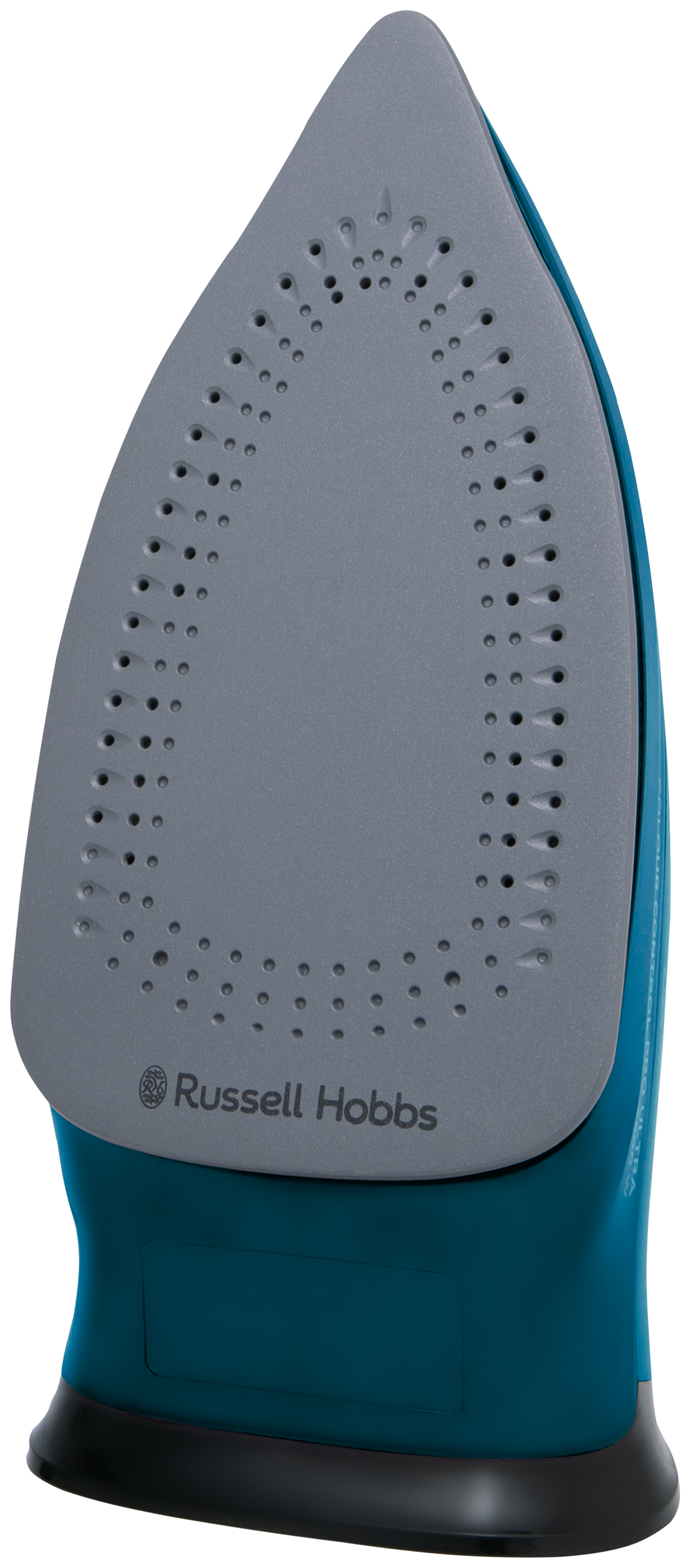 Vasaló talp lyukakkal, szürke felület, kék test. Russell Hobbs logó.