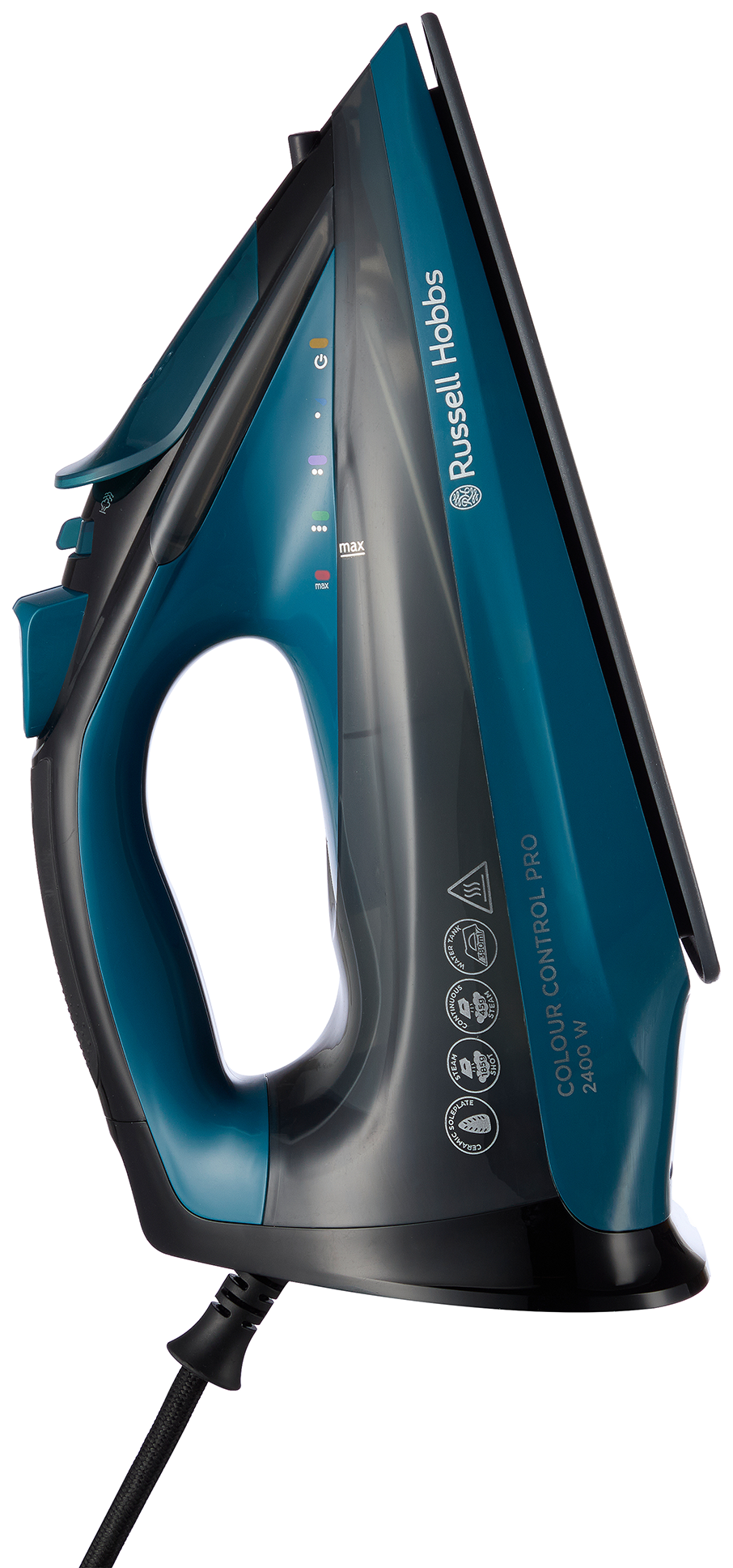 Kék és fekete vasaló hálózati kábellel és Russell Hobbs márkával.