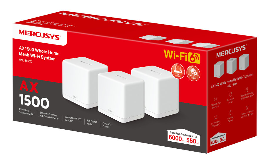 Czerwono-białe pudełko z trzema białymi systemami Wi-Fi mesh.