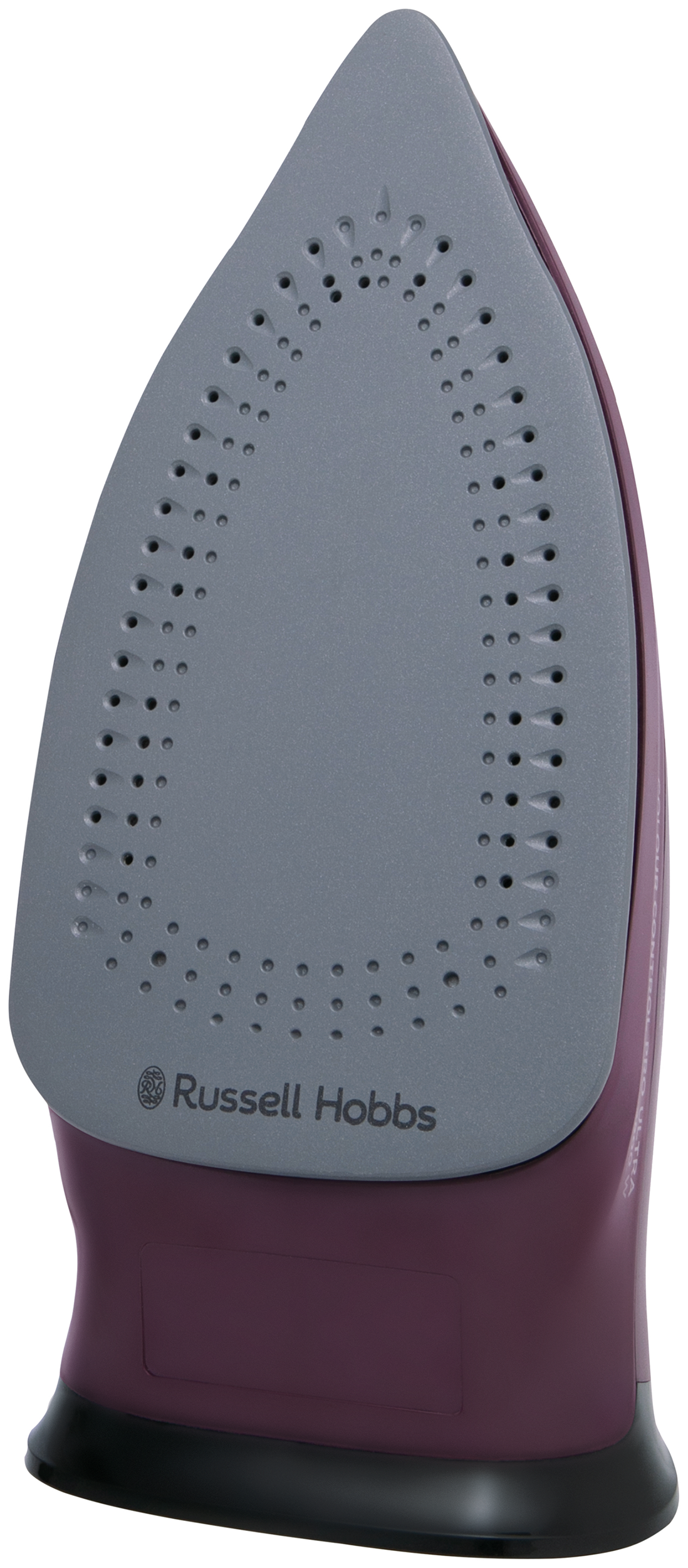 Egy lila vasaló aljának közeli képe, a Russell Hobbs márkajelzéssel.