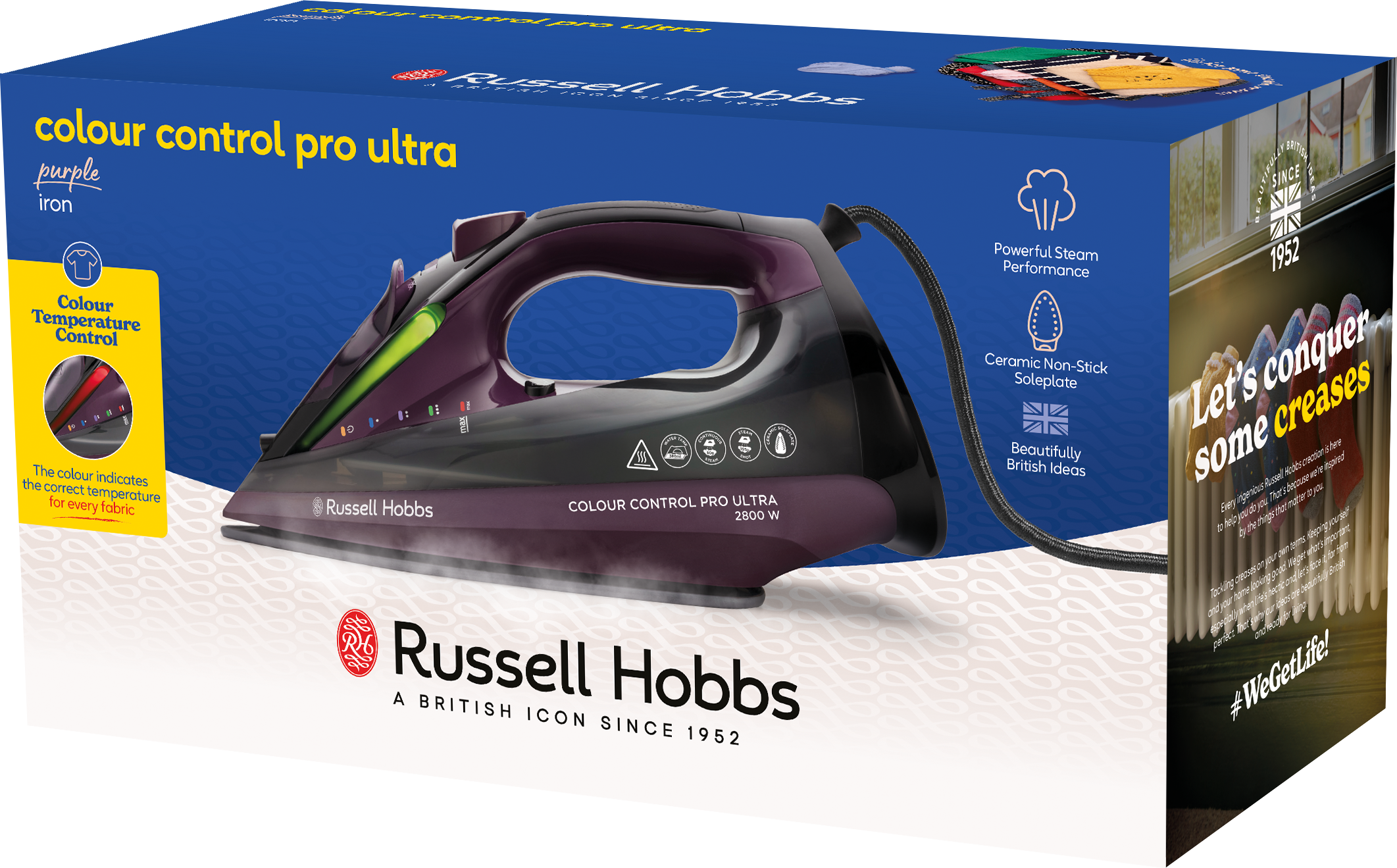 Dobozos lila vasaló gőzzel, 'Russell Hobbs' márkanévvel és a termék jellemzőivel.