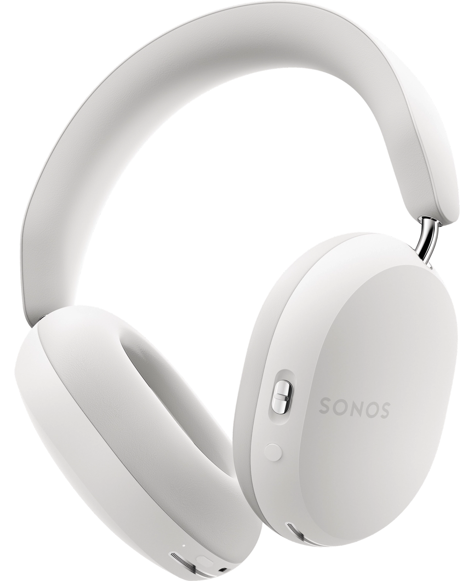 Fehér Sonos fejhallgató. Fülkagylók és fejpánt. Oldalsó gomb és a Sonos logó látható.