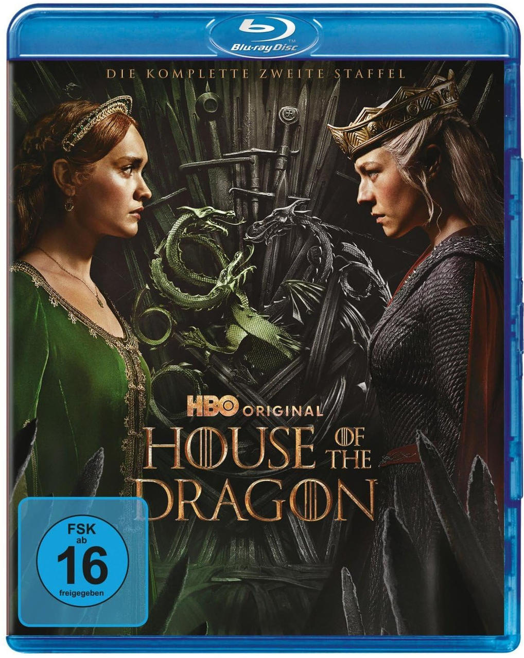 House of the Dragon Blu-ray-Cover, zwei Frauen stehen sich gegenüber, Burg und Drachen sind sichtbar.