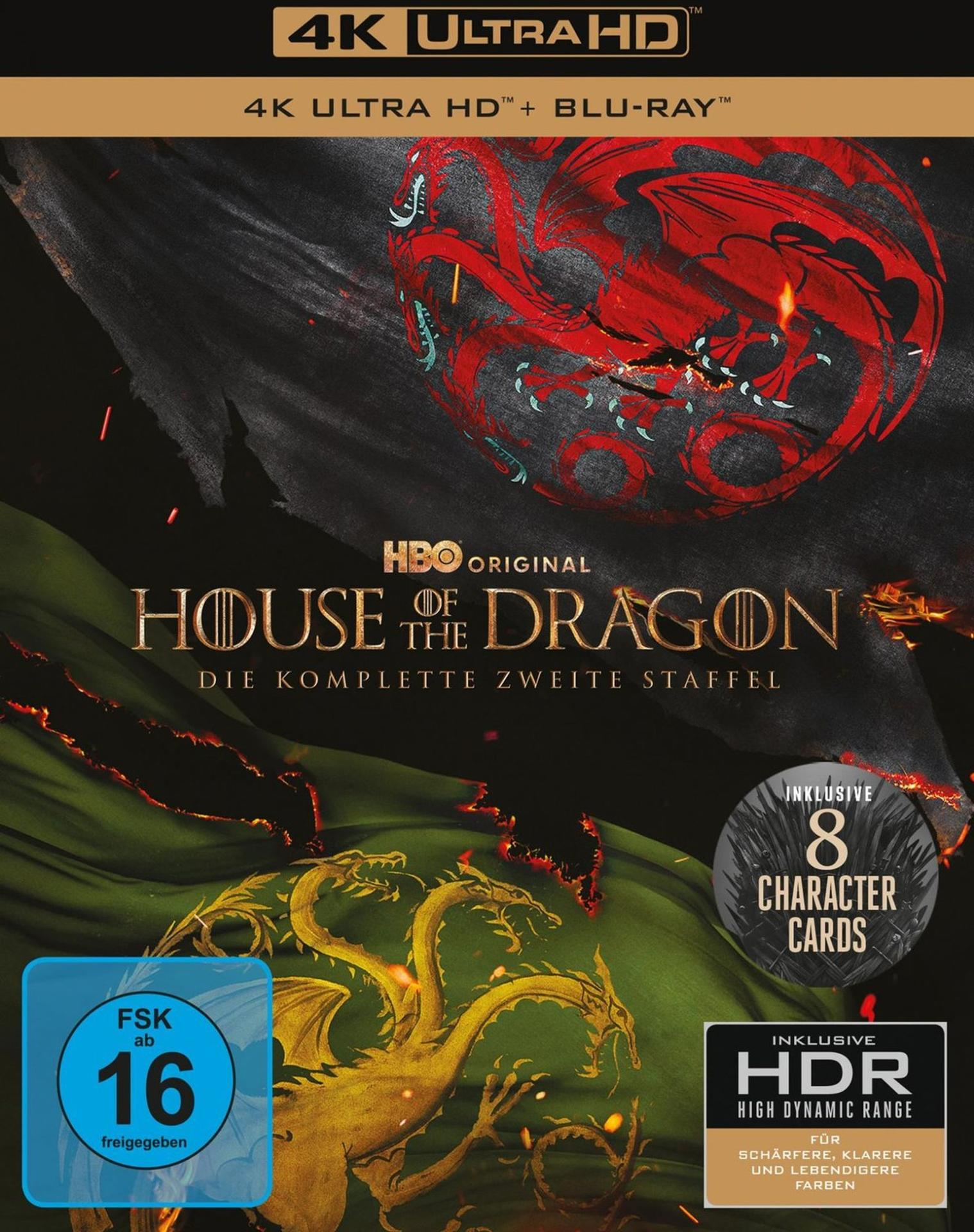 House of the Dragon 4K Blu-ray Cover mit Drachen, Logo und Charakterkarten.