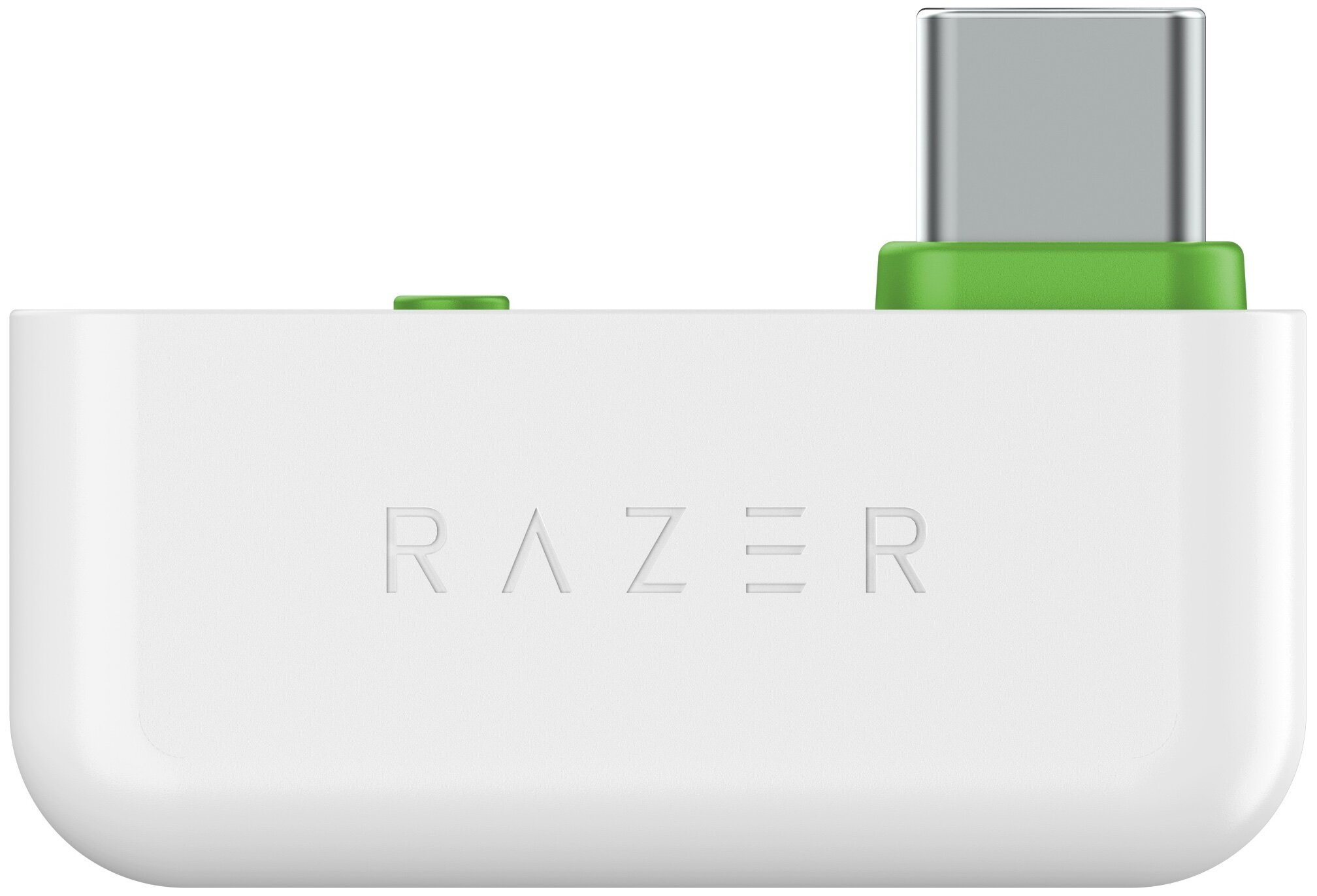 Białe urządzenie Razer z zielonym złączem USB-C i przyciskiem, logo Razer.