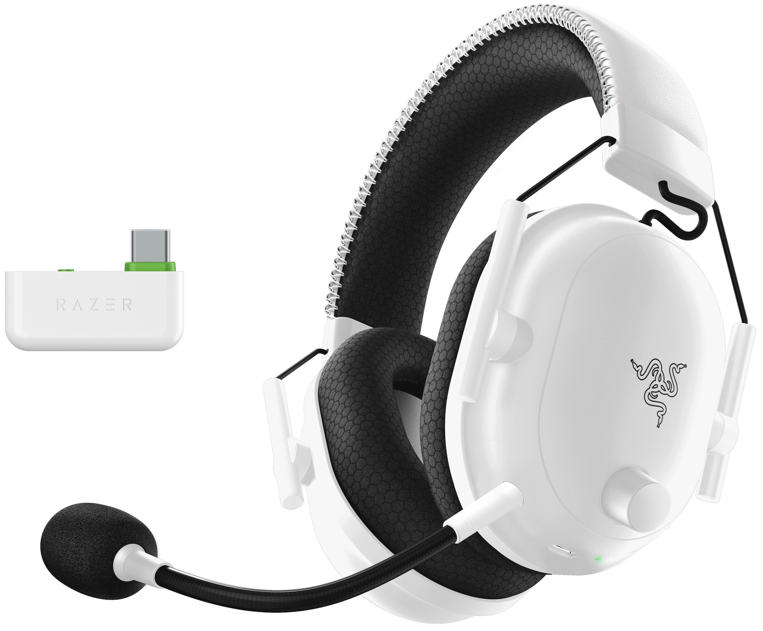 Białe słuchawki dla graczy Razer z mikrofonem i donglem USB. Czarne akcenty.