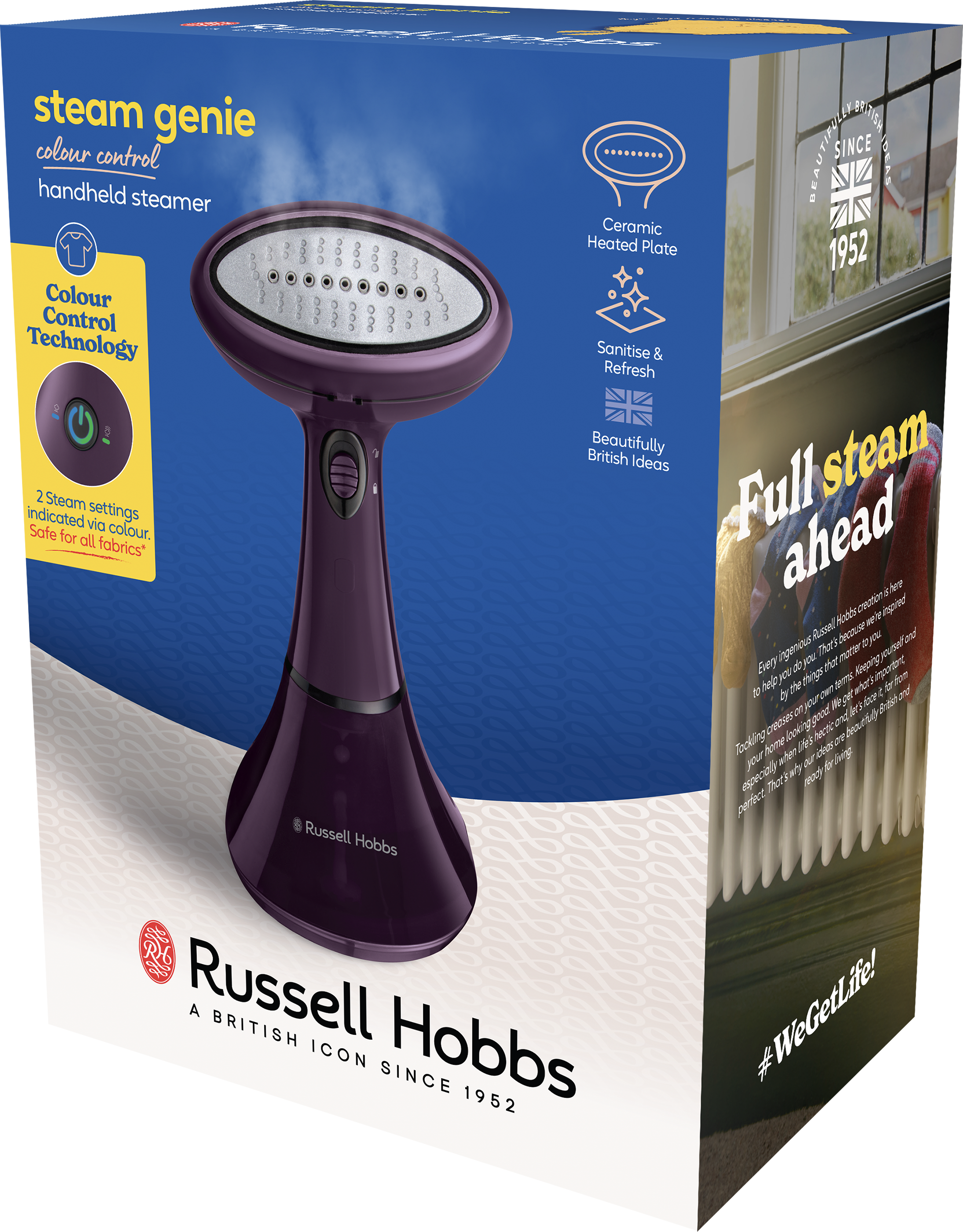 Egy lila Russell Hobbs Steam Genie kézi gőzölő a dobozán, termék részletek.