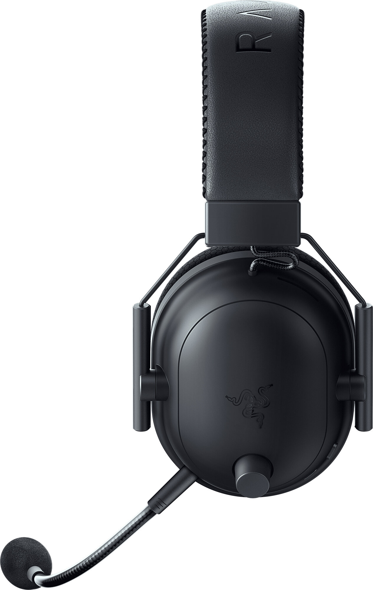 Czarne słuchawki dla graczy Razer z mikrofonem i logo Razer na nauszniku, białe tło.