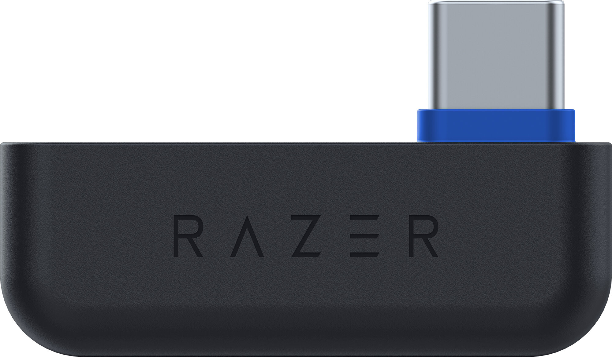 Czarny adapter USB-C Razer, niebieski akcent na złączu, logo Razer.