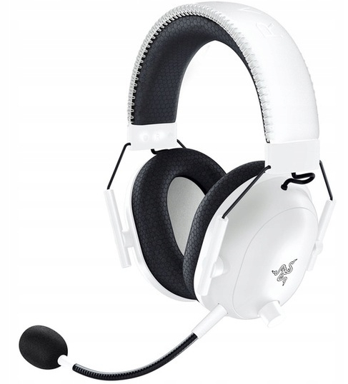Biały zestaw słuchawkowy Razer do gier z czarnymi nausznikami i mikrofonem.