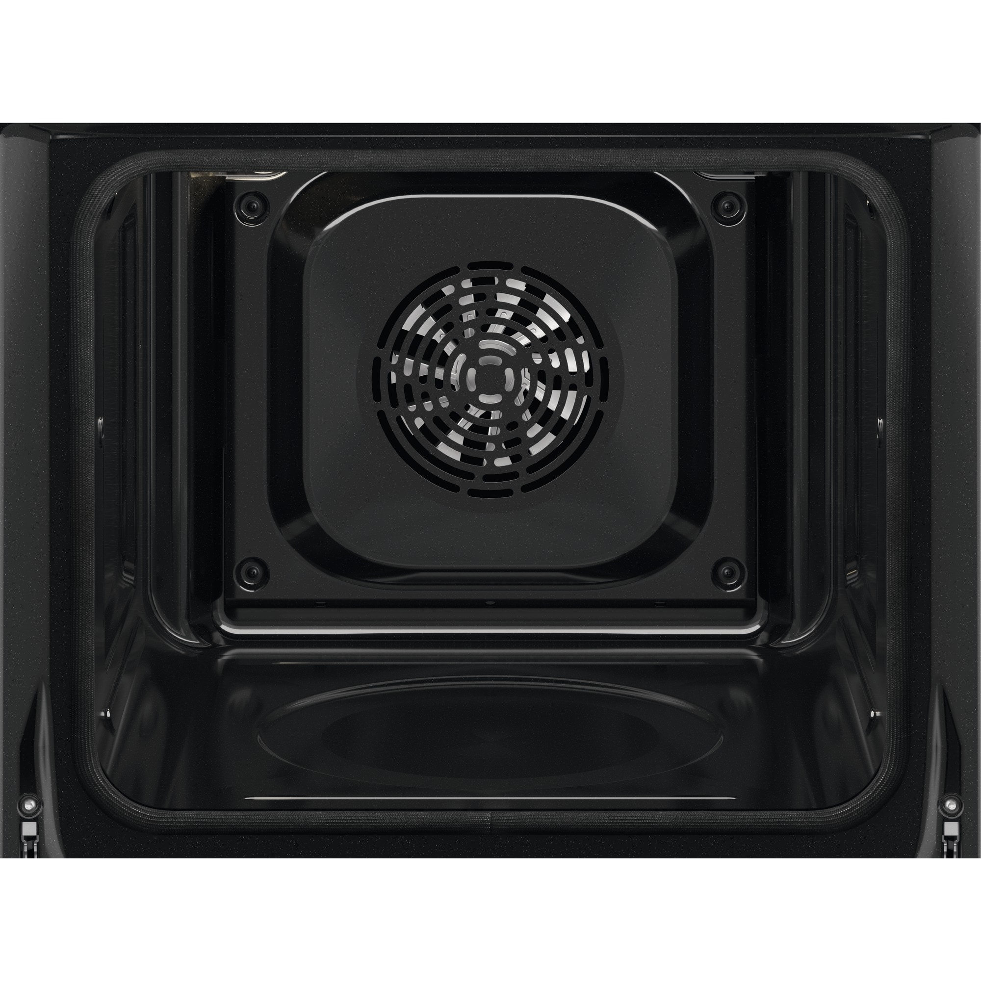 Interior del horno, negro con ventilador y luz, y fondo metálico.