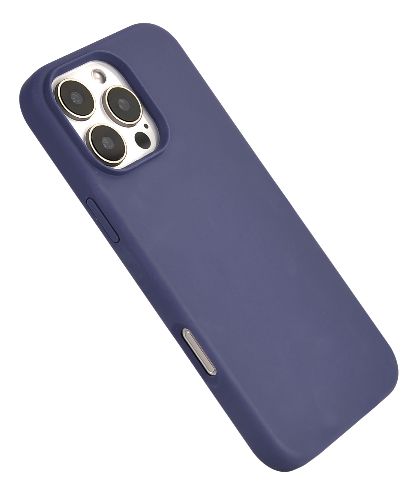 Coque iPhone bleu foncé, vue en angle, avec découpes pour la caméra.