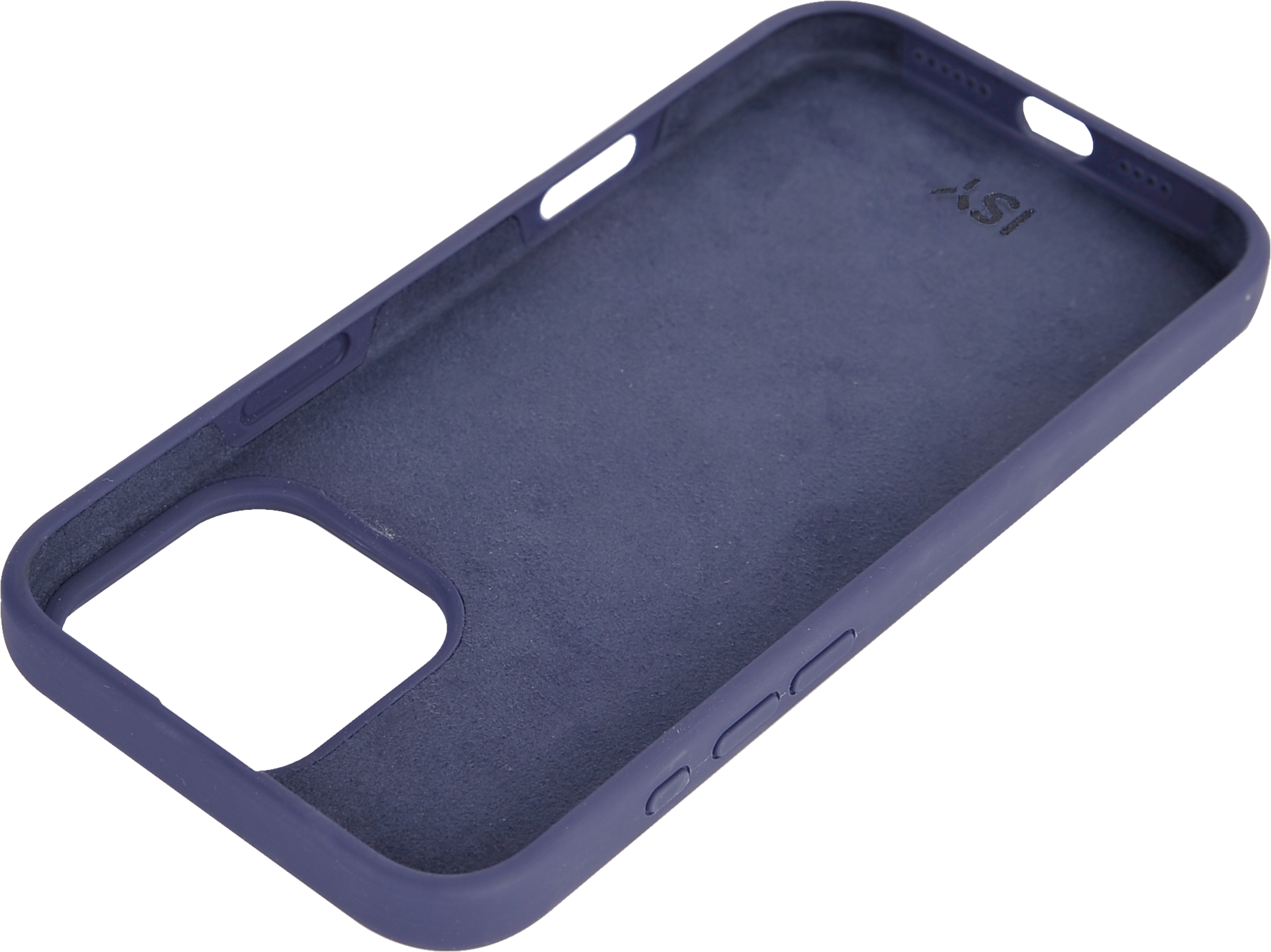 Intérieur d'étui de téléphone bleu avec trou pour l'appareil photo et découpes pour les boutons latéraux.