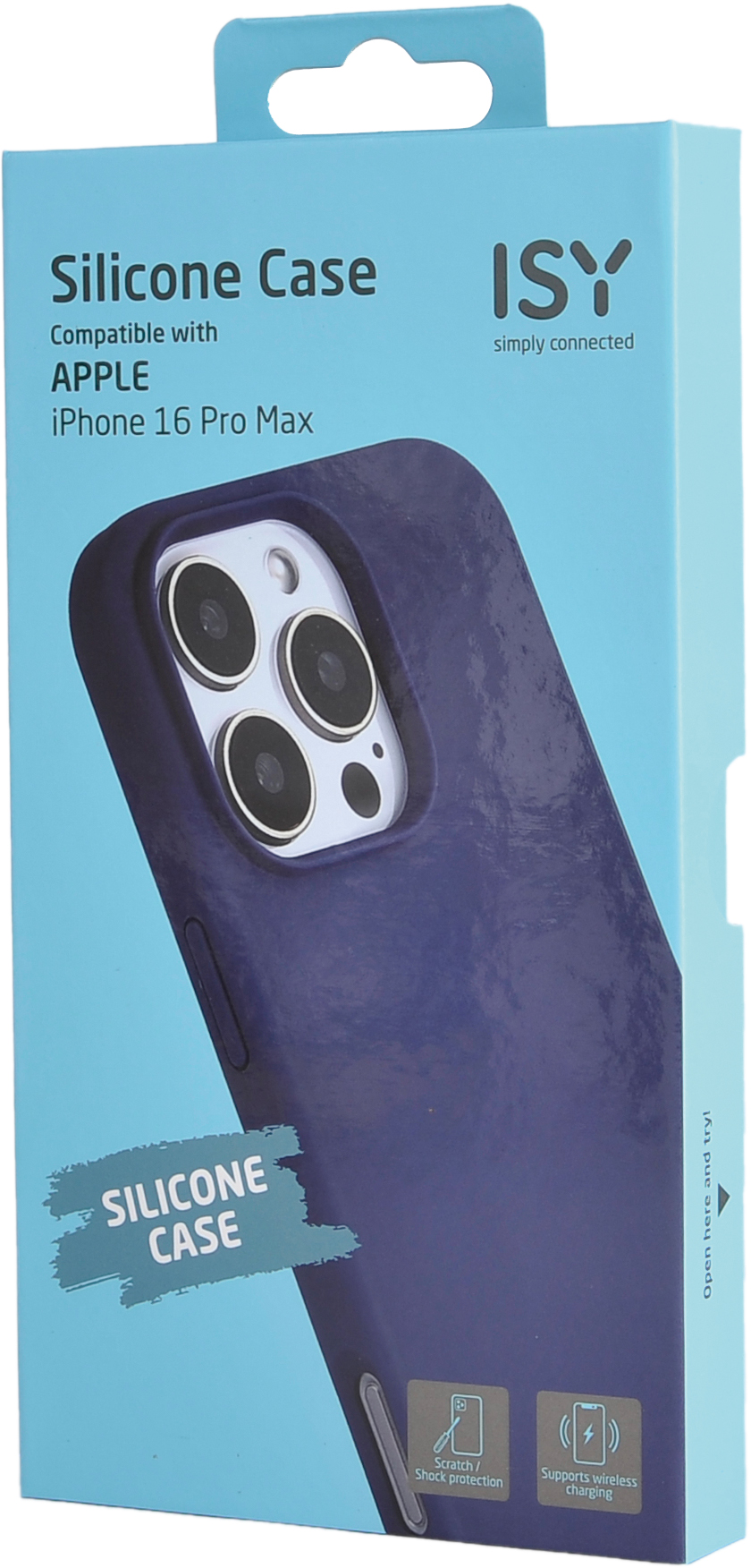 Un étui bleu pour iPhone dans une boîte avec le texte 'Silicone Case' et 'ISY'.
