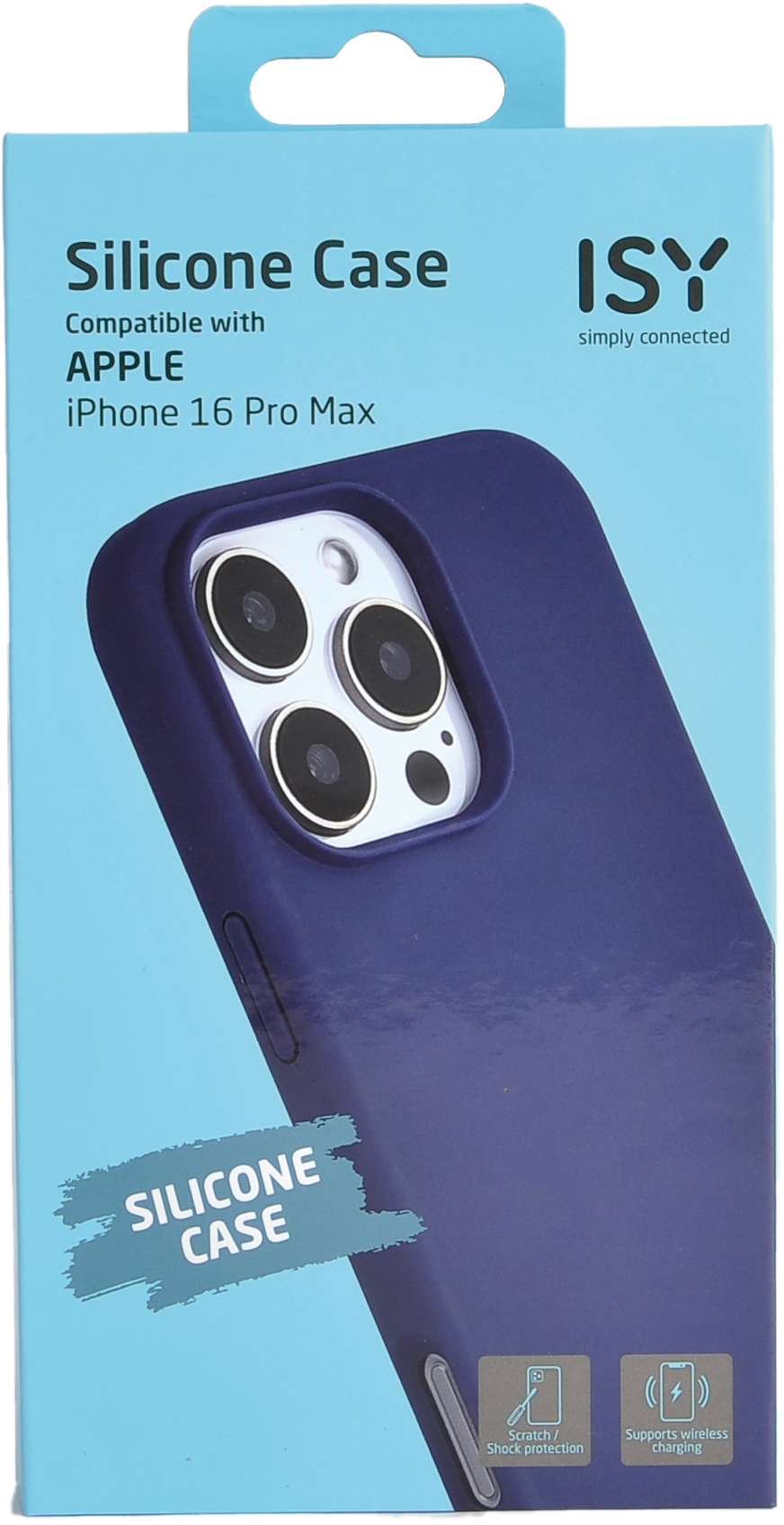 Un étui en silicone bleu pour un iPhone. L'étui a des découpes pour l'appareil photo.