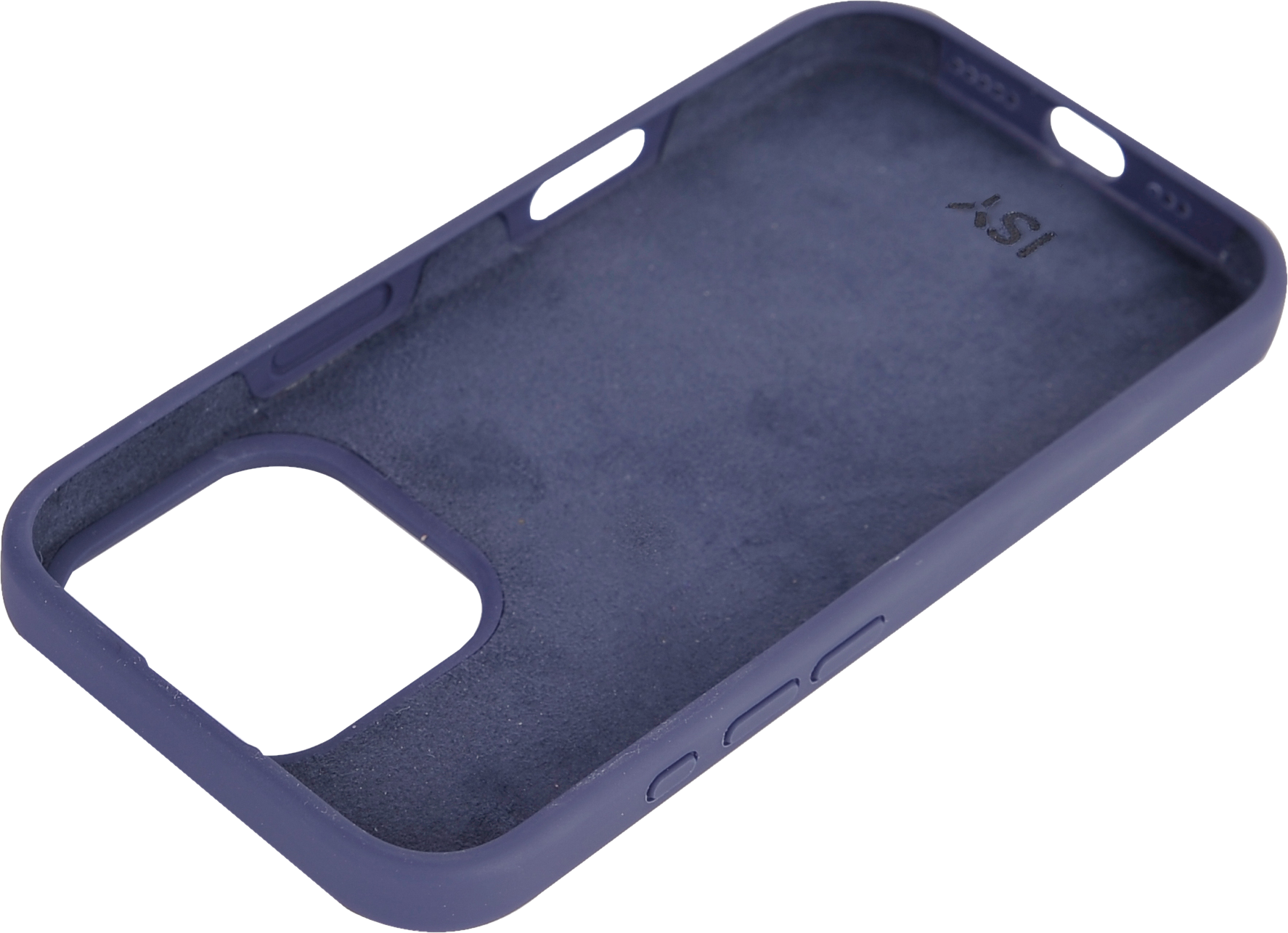 Coque de téléphone bleu foncé avec le dessus ouvert. L'intérieur est doux et marqué 'ISY'.
