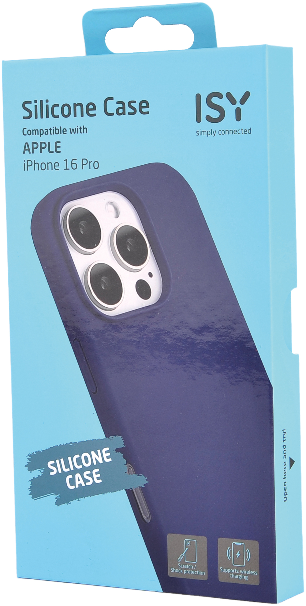 Coque de téléphone bleue dans l'emballage, avec des détails sur la compatibilité, la protection et le chargement sans fil.