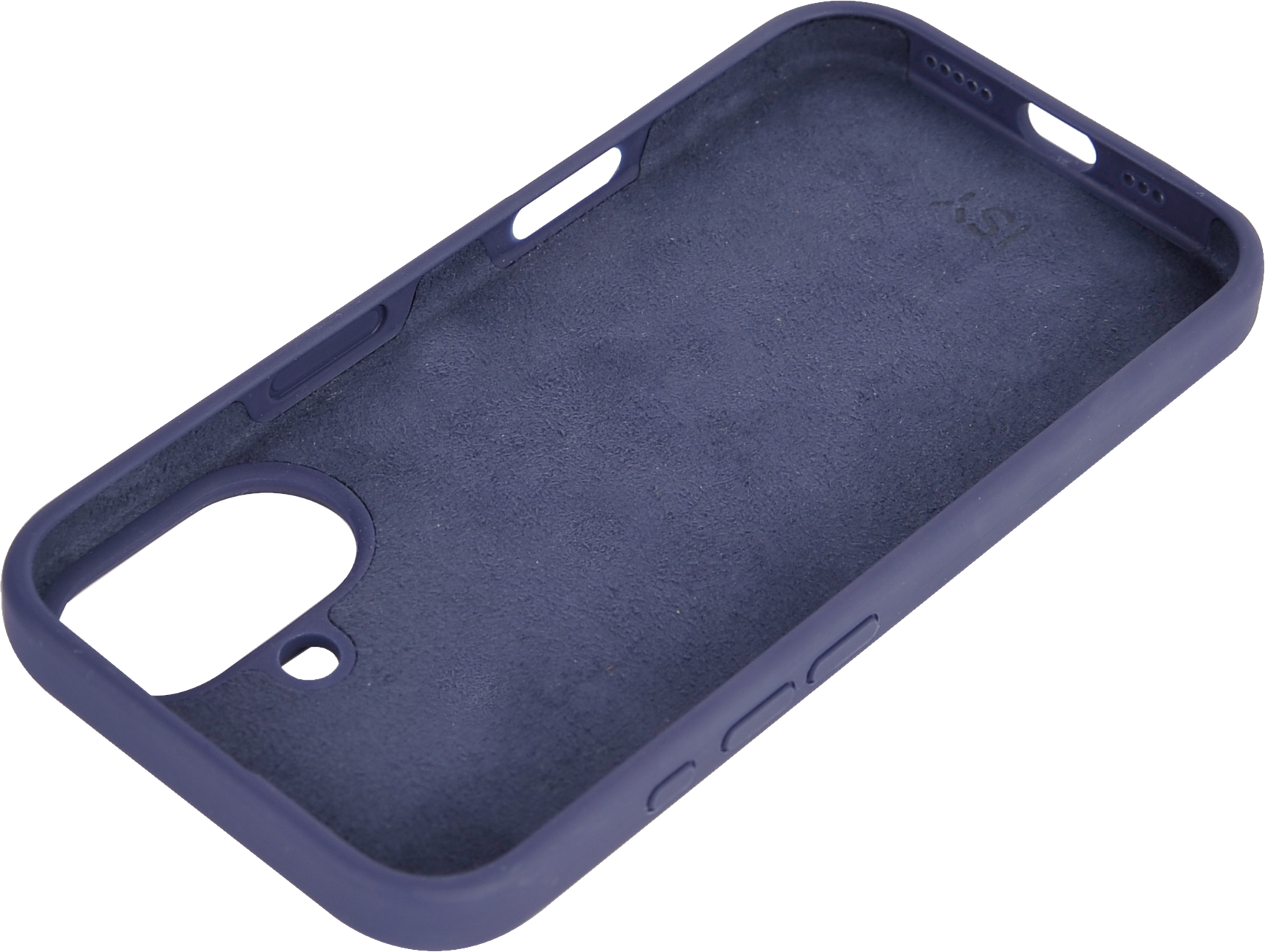 Intérieur d'étui de téléphone bleu foncé. L'intérieur est texturé et montre des découpes pour les boutons et la caméra.