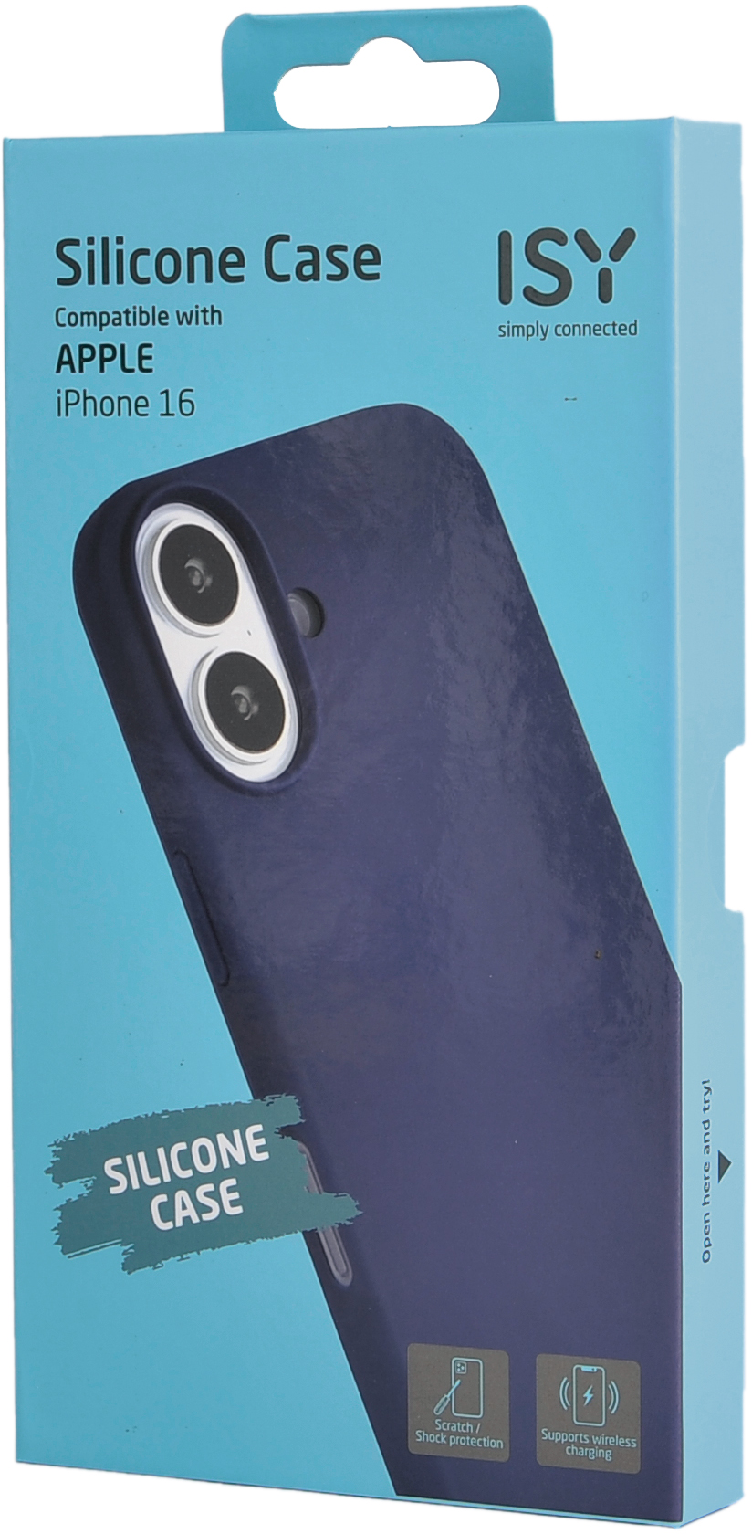 Coque en silicone bleue pour iPhone 16 dans son emballage.