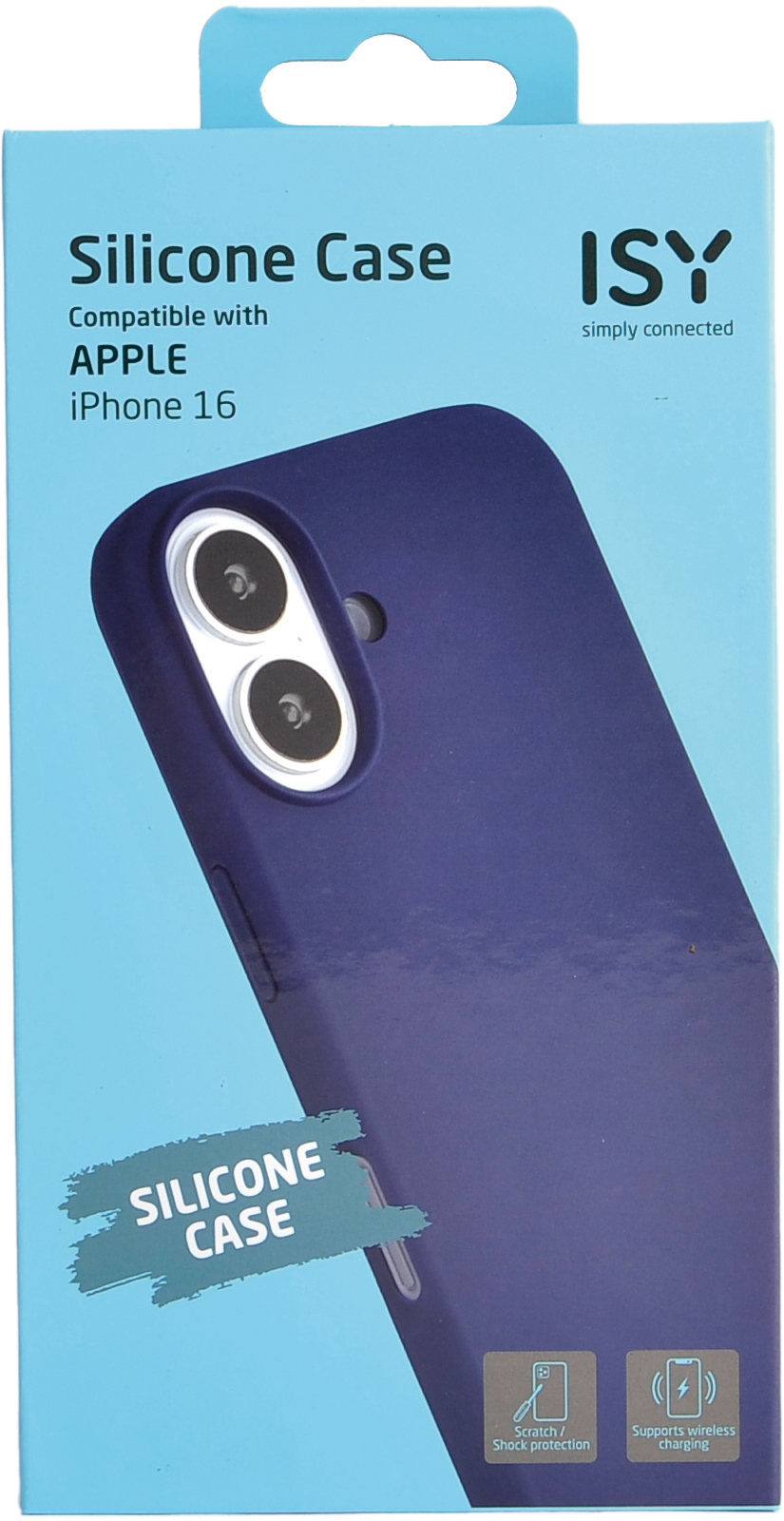Boîte pour une coque en silicone bleue iPhone 16, avec détails.