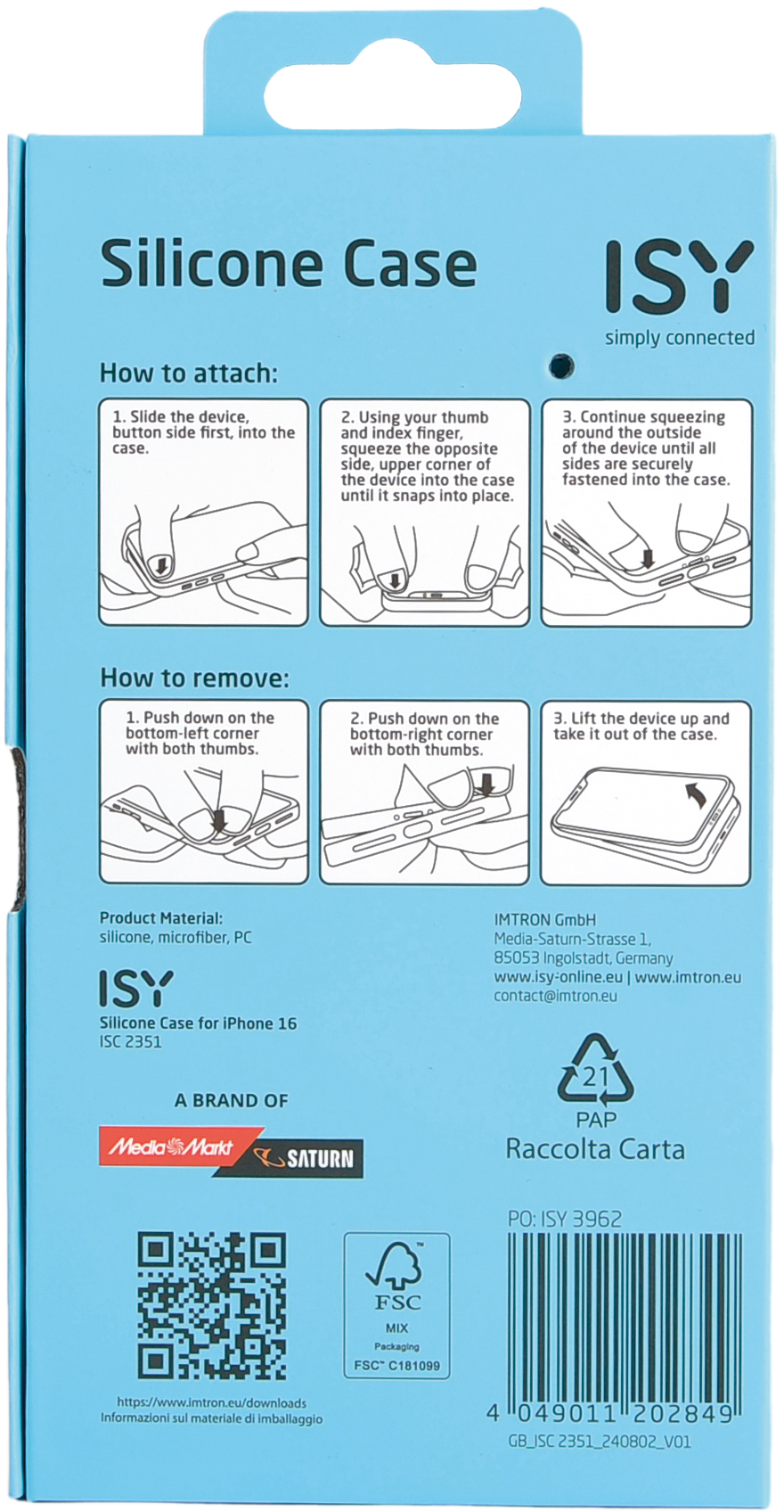 Emballage bleu d'étui de téléphone, instructions, schémas. Nom du produit et marque sont visibles.