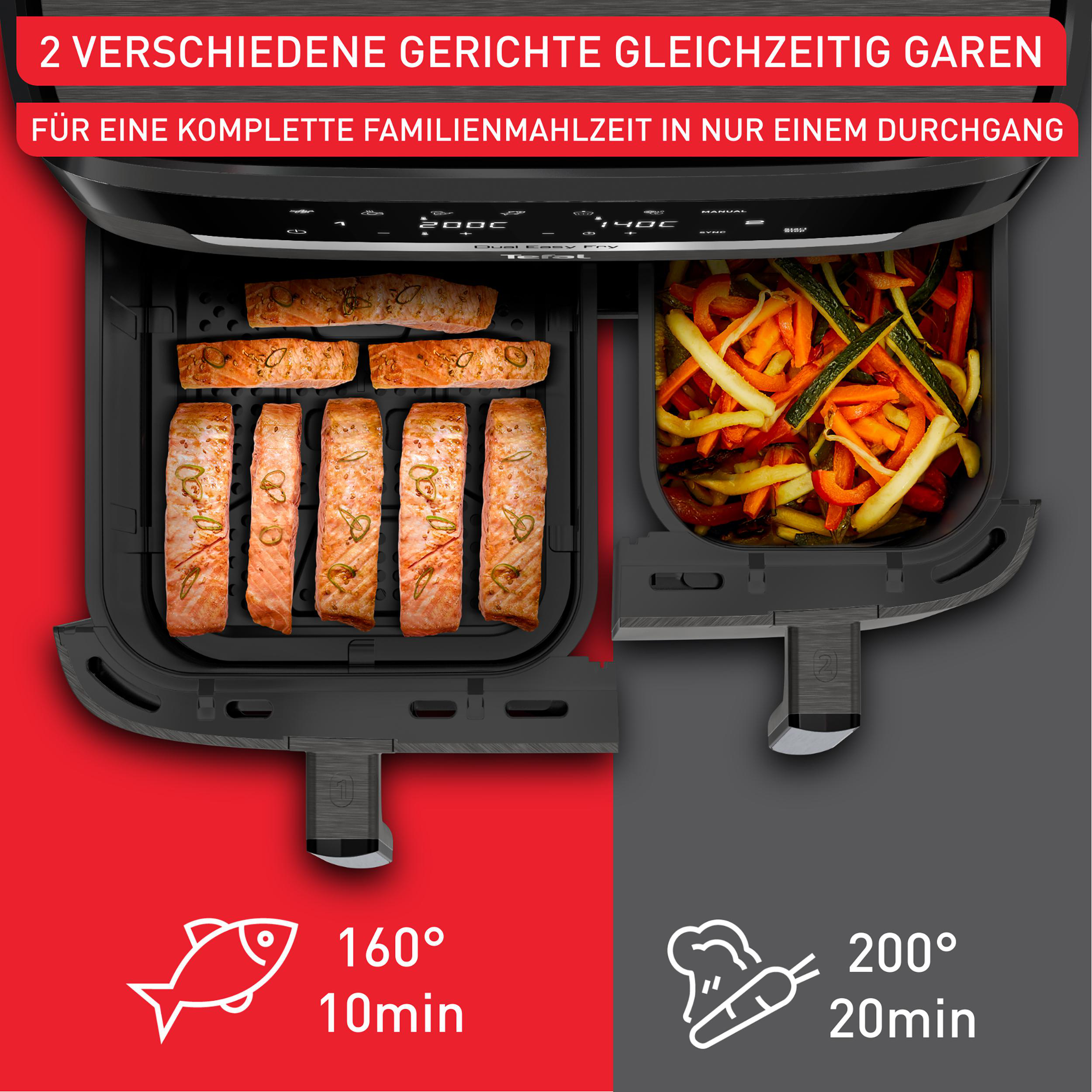 Heißluftfritteuse mit zwei Fächern, eins mit Lachs, eins mit Gemüse. Anweisungen: 160C/10m, 200C/20m.