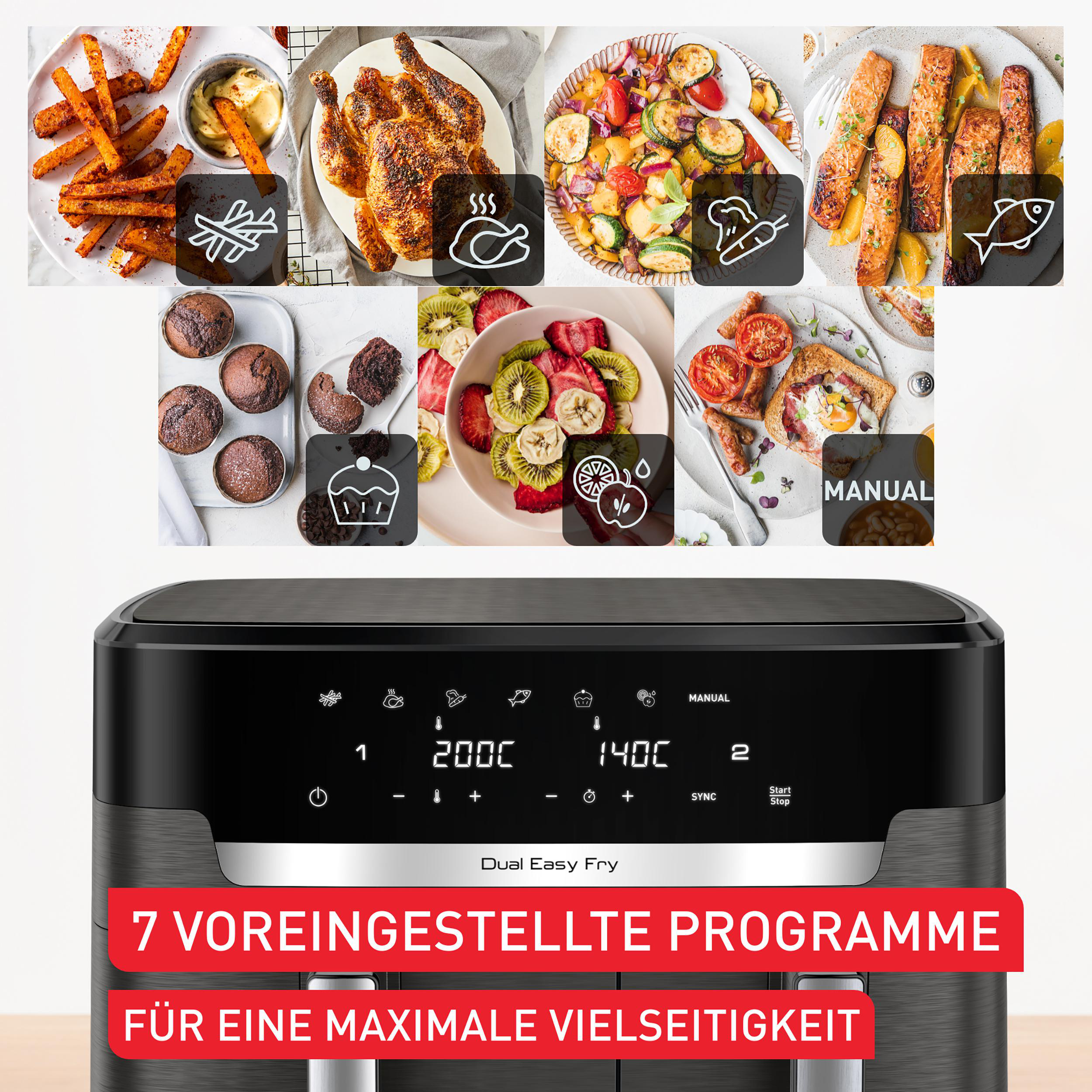 Eine Heißluftfritteuse, die ihre Einstellungen anzeigt. Mehrere Lebensmittel werden mit Symbolen angezeigt.