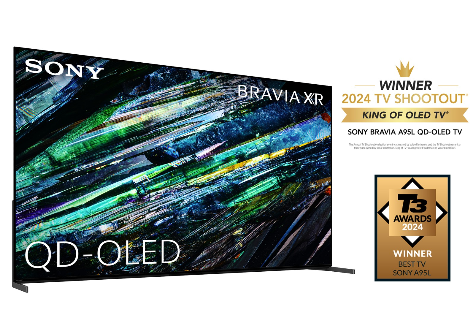 TV Sony Bravia XR sobre fondo blanco con premios y texto. Pantalla negra con patrones coloridos.