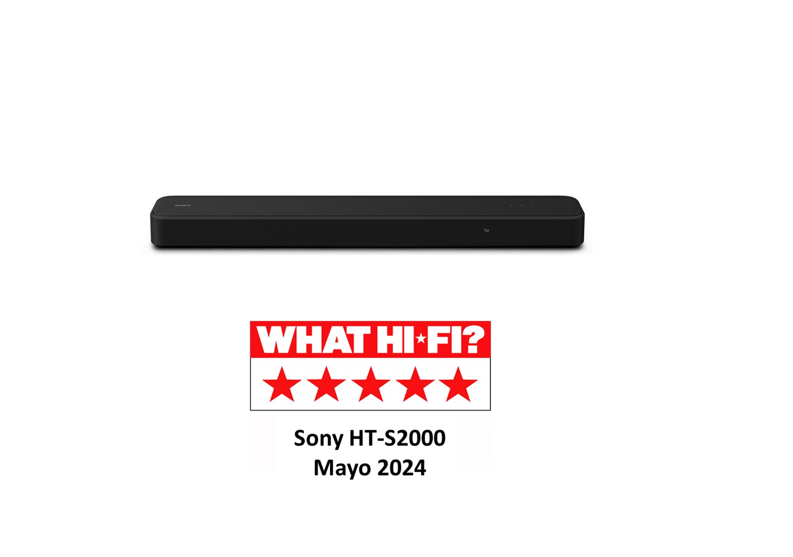 Barra de sonido negra con las palabras 'WHAT HI*FI?' y una calificación de 5 estrellas, más el texto Sony HT-S2000.